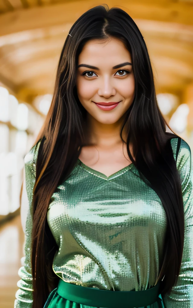 chef-d&#39;artwork, Very detailed, realistic, la photographie, HD, 8K, 1fille, (Cheveux noirs), cheveux longs, Cheveux raides, (yeux verts), Brilliant students, sparkling eyes, souriant, heureux, Bonheur, joie, joieful