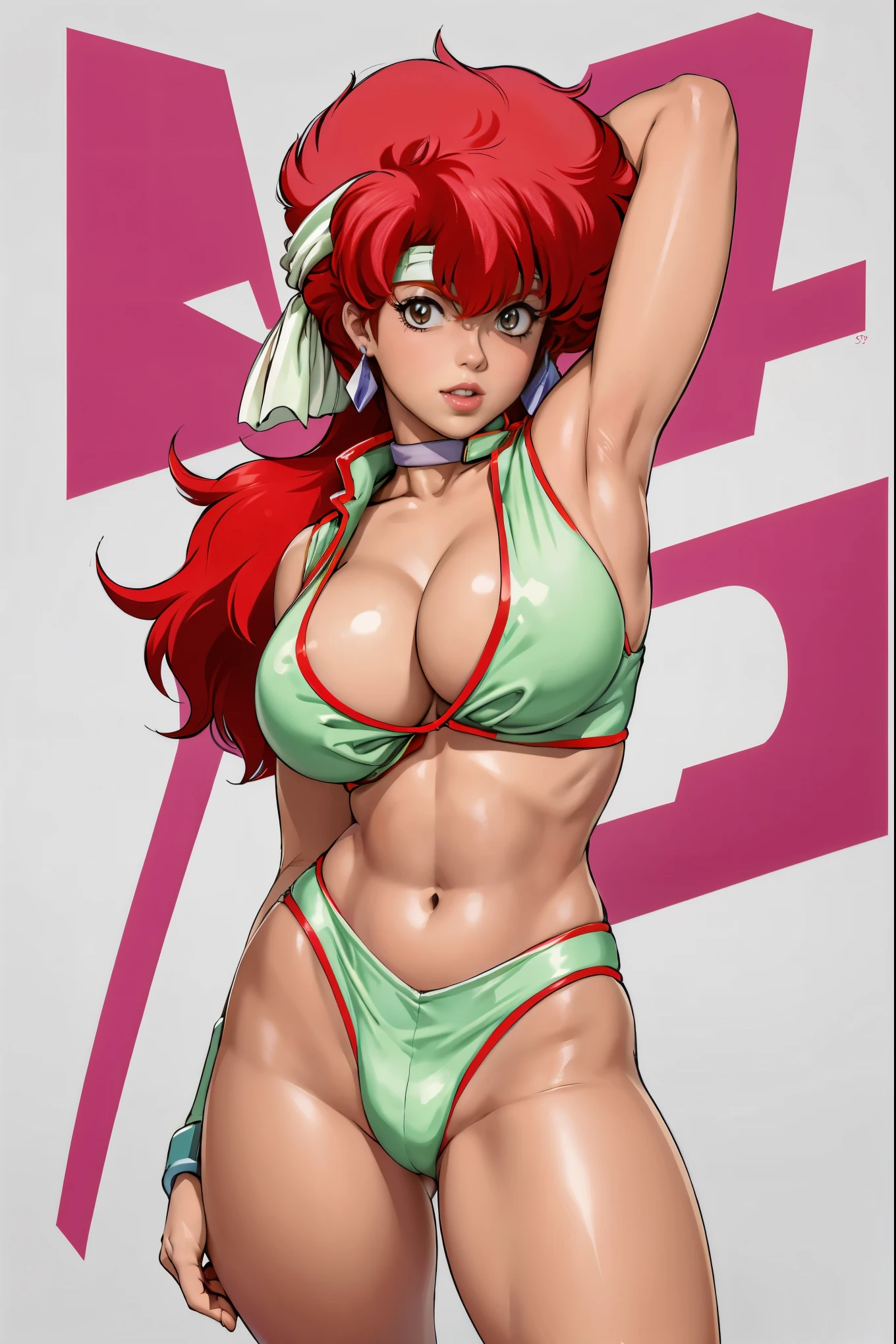 Kei from The Dirty Pair wearing a skimpy white outfit, cleavage, green headband, bushy red hair