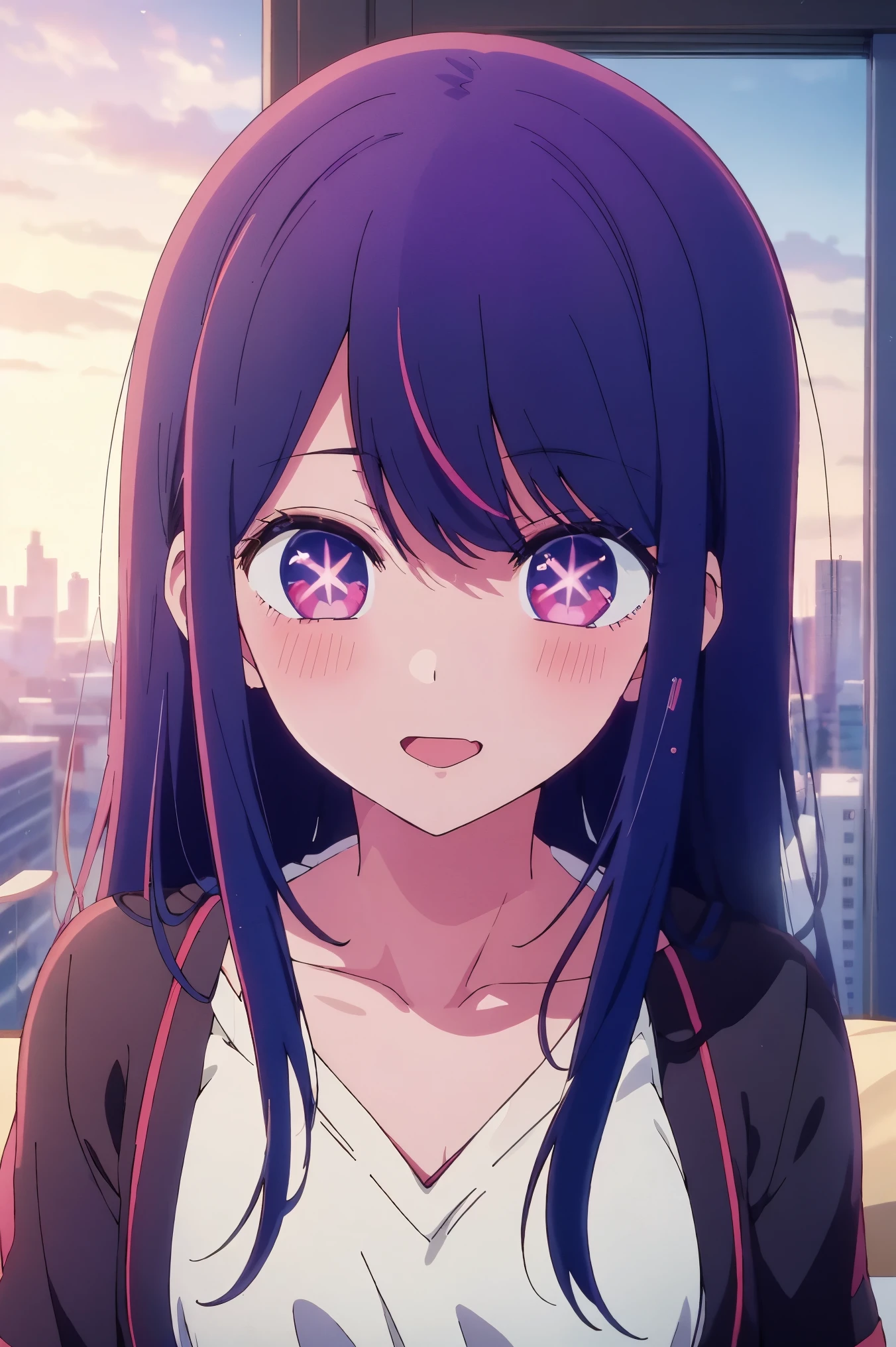 長い髪と紫の目をしたanime girl, A painting inspired by Puru, tumbler, conceptual art, anime best girls, anime moe art style, Another close-up of Iwakura, Anime visuals of cute girls, ルーシーという名前のanime girl, iwakura lain, Still from the TV anime, anime stills, (anime girl)、(((city)))、laughter、open your mouth、Ai Hoshino、(((private server)))、Upper body