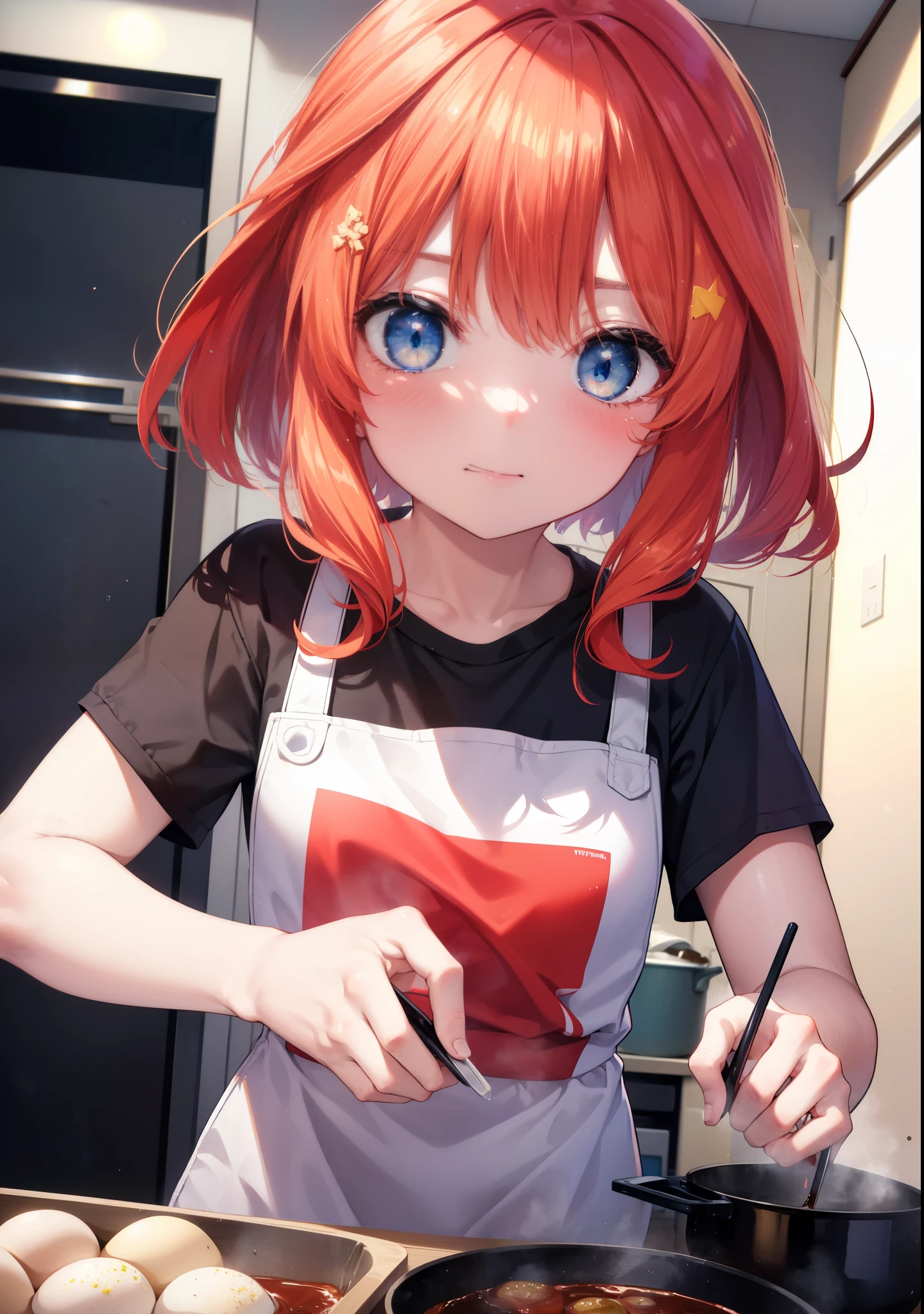 itsukinakano, Itsuki Nakano, bangs, blue eyes, hair between eyes, Ahoge, redhead,blush,smile, messy hair,T-shirt,shorts,kitchen,kitchenで卵料理を調理する,Cook eggs in a frying pan,卵焼きと焼けた食パンを皿にのせてテーブルに置いてある
break indoors, kitchen,dining,
break (masterpiece:1.2), highest quality, High resolution, unity 8k wallpaper, (figure:0.8), (detailed and beautiful eyes:1.6), highly detailed face, perfect lighting, Very detailed CG, (perfect hands, perfect anatomy),