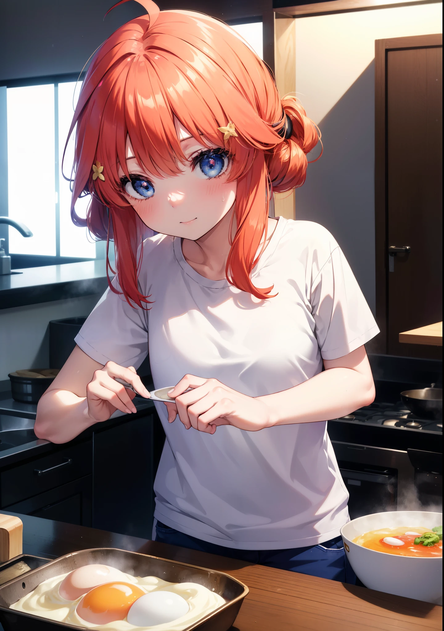 itsukinakano, Itsuki Nakano, bangs, blue eyes, hair between eyes, Ahoge, redhead,blush,smile, messy hair,T-shirt,shorts,kitchen,kitchenで卵料理を調理する,Cook eggs in a frying pan,卵焼きと焼けた食パンを皿にのせてテーブルに置いてある
break indoors, kitchen,dining,
break (masterpiece:1.2), highest quality, High resolution, unity 8k wallpaper, (figure:0.8), (detailed and beautiful eyes:1.6), highly detailed face, perfect lighting, Very detailed CG, (perfect hands, perfect anatomy),