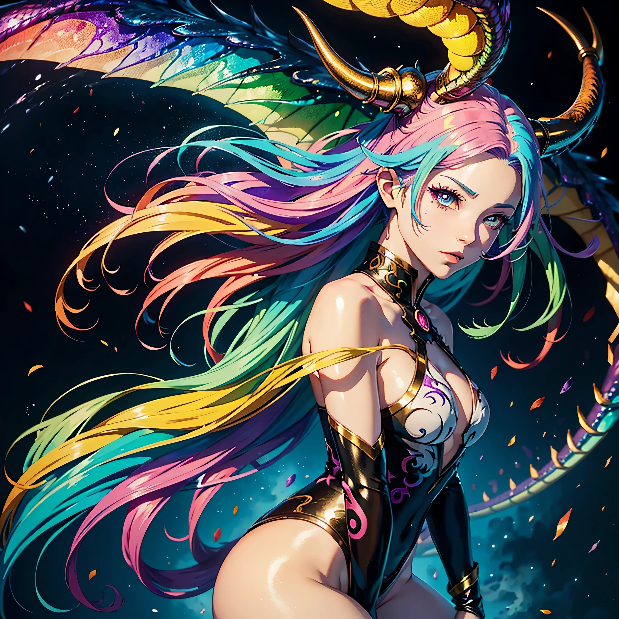 An anime female human with rainbow hair, rainbow eyes, dragon horns, and a dragon tail. (best quality, realistic:1.37), vibrant colors, detailed facial features, flowing hair, dynamic pose, fantasy art style, glowing rainbow aura
