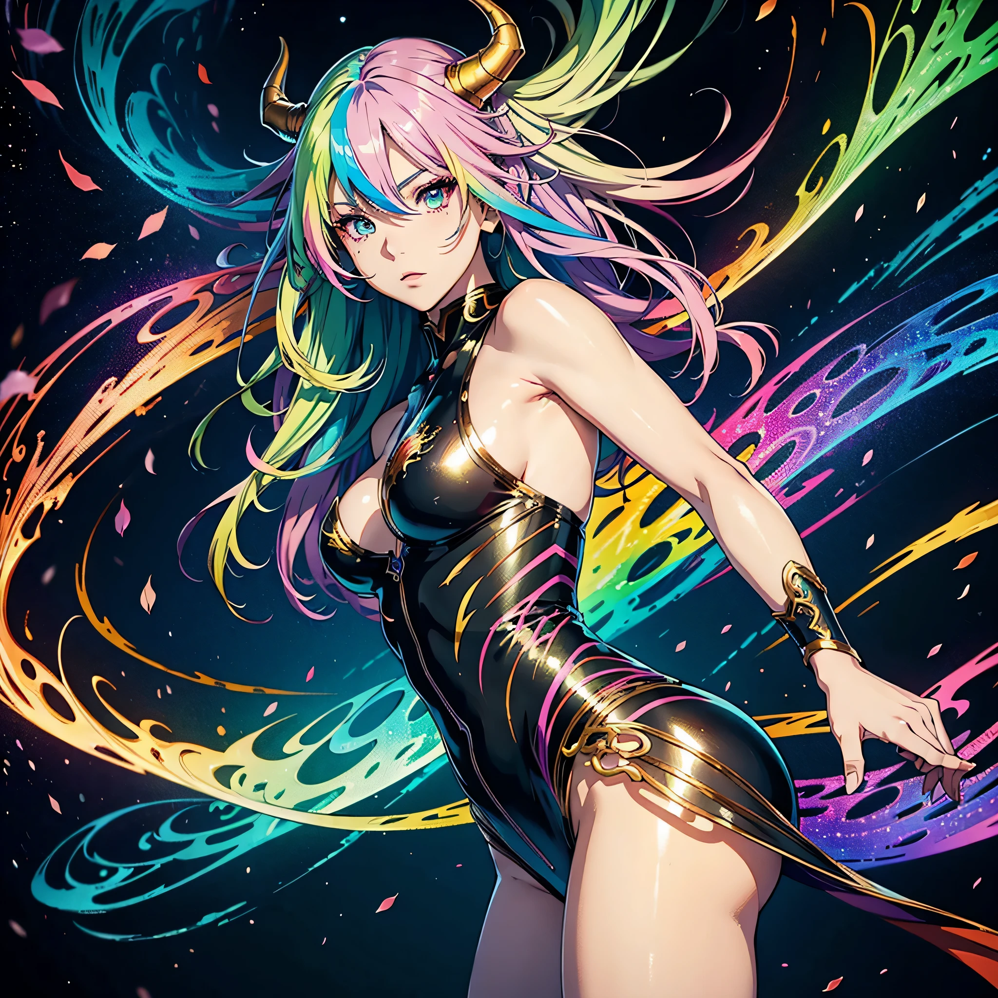 An anime female human with rainbow hair, rainbow eyes, dragon horns, and a dragon tail. (best quality, realistic:1.37), vibrant colors, detailed facial features, flowing hair, dynamic pose, fantasy art style, glowing rainbow aura