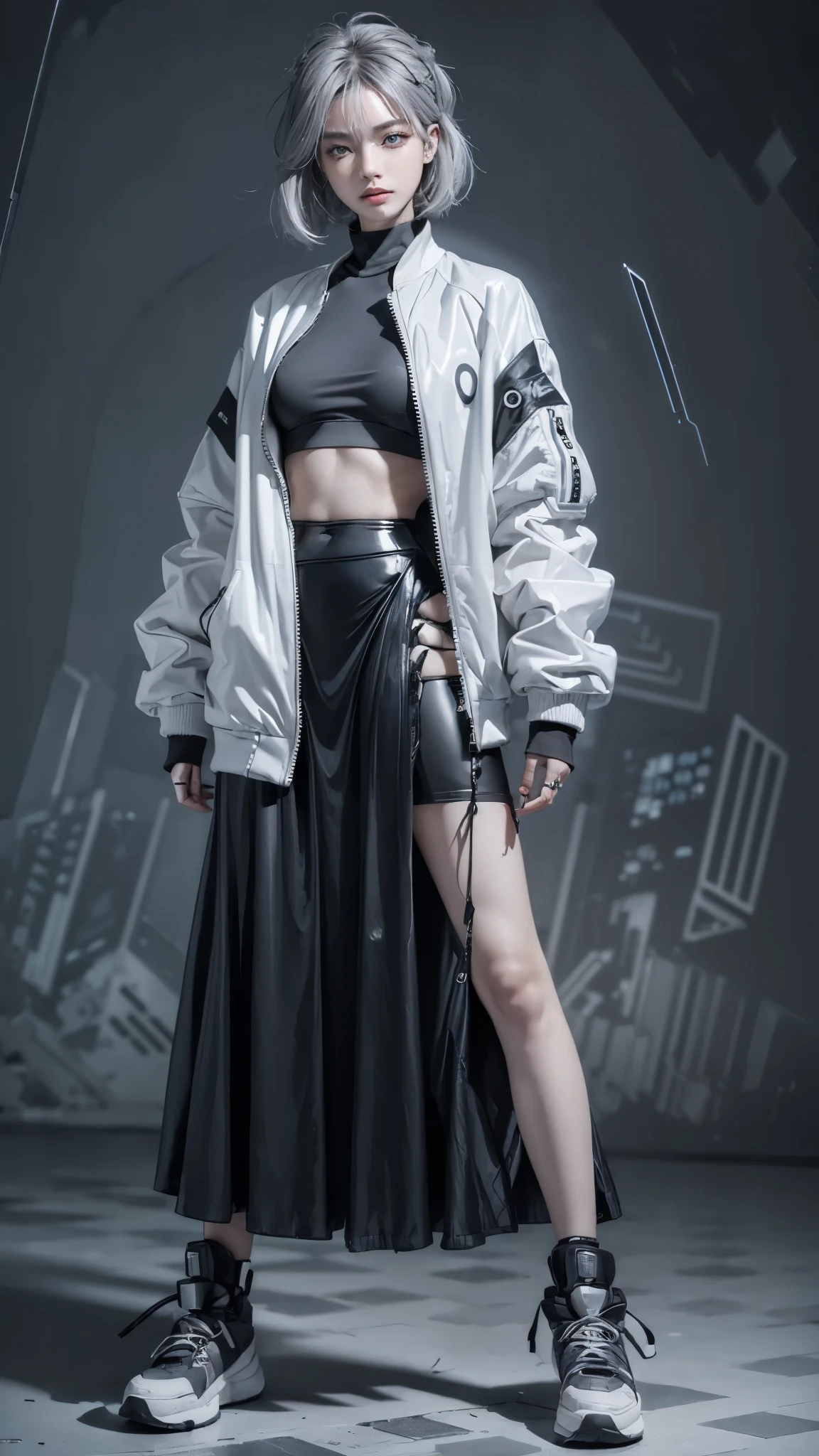 (anime:1.3), (all body shot, fashion portrait:1.6), ultra detailed, beautiful, masterpiece, best quality, _ BREAK (1girl:1.2), 22 years old, 160 cm, Japanese cute model, (Tightened all body, medium Breasts:1.4), small head, small face, diamond Face, small nose, Sharp Faceline, young hands and fingers, beautiful hands and fingers, five fingers, _ BREAK (Glossy Lips:1.3), (Light color lips, Half open mouth, beautiful Teeth:1.2), (dropy eyes, Double eyelid, light color eyes:1.4), _ BREAK (arranged hairstyle:1.3), (gray hair:1.3), _ BREAK (gray background:1.4), Fog, mist, _ BREAK (wide angle,all body shot:1.6), (standing:1.3), (cool model posing:1.4), (from front white lightning), BREAK (Geometric and Cyber punk theme:1.6), (black and white theme:1.4), (turtle neck:1.2), (Soft nylon oversize Bomber jacket:1.5), (Wide, short, baggy jacket:1.2), (1/4 short Length jacket:1.2), (Wide hem:1.2), (Close the zipper:1.2), BREAK (A line:1.4), (low Waist casual A-line maxi skirt:1.4),(perfect and Detailed wear:1.4), (Cyber punk hi-cut technical white Reflecting Sneaker:1.4), (A lot of cyberpunk accessories:1.4)