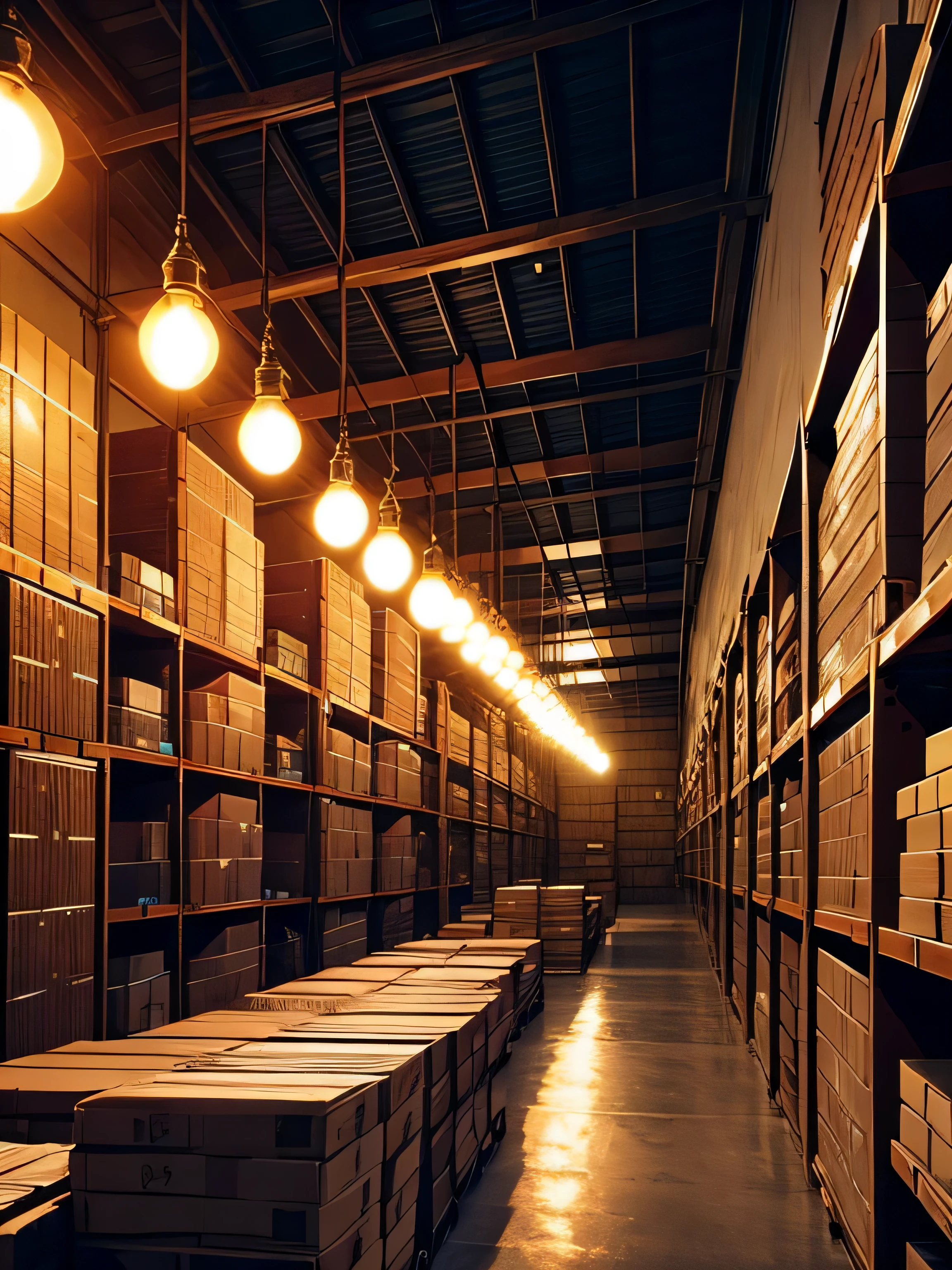 atue como um fotografo, and take a photo of a vintage-style warehouse with lots of shelves of boxes on the sides, several round lamps throughout the warehouse at night, luzes acesas, piso de cimento queimado