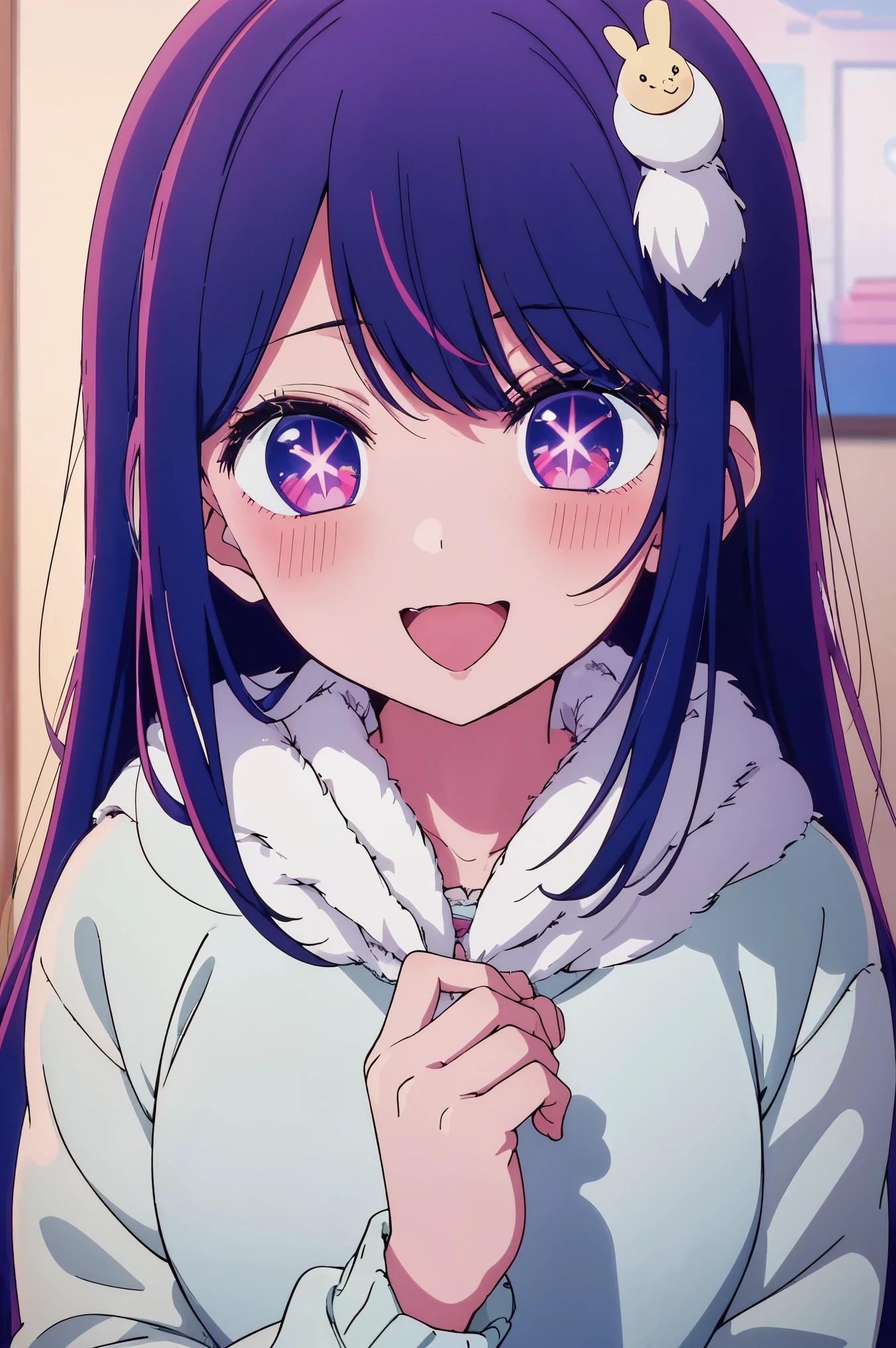 長い髪と紫の目をしたanime girl, A painting inspired by Puru, tumbler, conceptual art, anime best girls, anime moe art style, Another close-up of Iwakura, Anime visuals of cute girls, ルーシーという名前のanime girl, iwakura lain, Still from the TV anime, anime stills, (anime girl)、(((city)))、laughter、open your mouth、Ai Hoshino、(((Winter clothes)))、Upper body