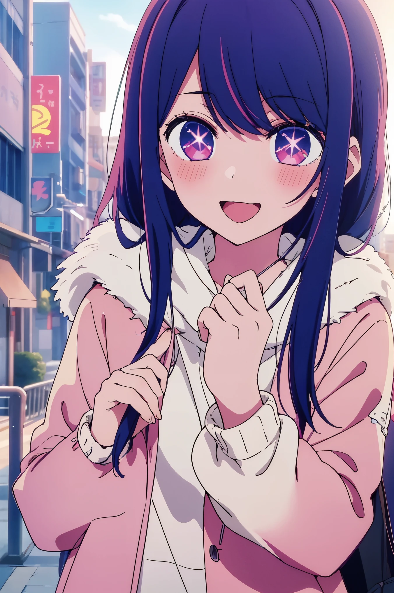 長い髪と紫の目をしたanime girl, A painting inspired by Puru, tumbler, conceptual art, anime best girls, anime moe art style, Another close-up of Iwakura, Anime visuals of cute girls, ルーシーという名前のanime girl, iwakura lain, Still from the TV anime, anime stills, (anime girl)、(((city)))、laughter、open your mouth、Ai Hoshino、(((Winter clothes)))、Upper body
