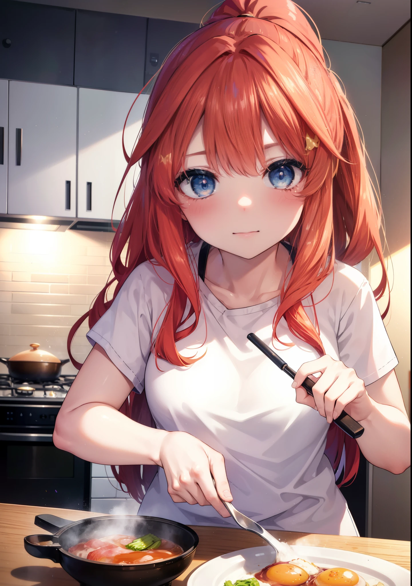 itsukinakano, Itsuki Nakano, bangs, blue eyes, hair between eyes, Ahoge, redhead,blush,smile, messy hair,T-shirt,shorts,kitchen,kitchenで料理をする、Cook eggs in a frying pan,卵焼きと焼けた食パンを皿にのせてテーブルに置いてある
break indoors, kitchen,dining,
break (masterpiece:1.2), highest quality, High resolution, unity 8k wallpaper, (figure:0.8), (detailed and beautiful eyes:1.6), highly detailed face, perfect lighting, Very detailed CG, (perfect hands, perfect anatomy),