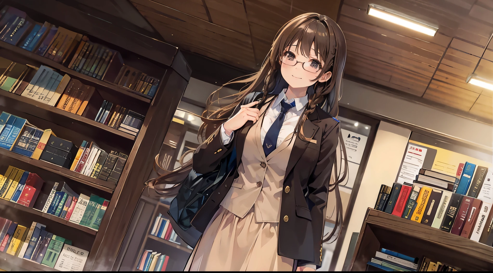 Glasses、brown blazer、long skirt、literary girl、Single braid、brown hair、tie、Smile softly、library、Low - Angle、look up