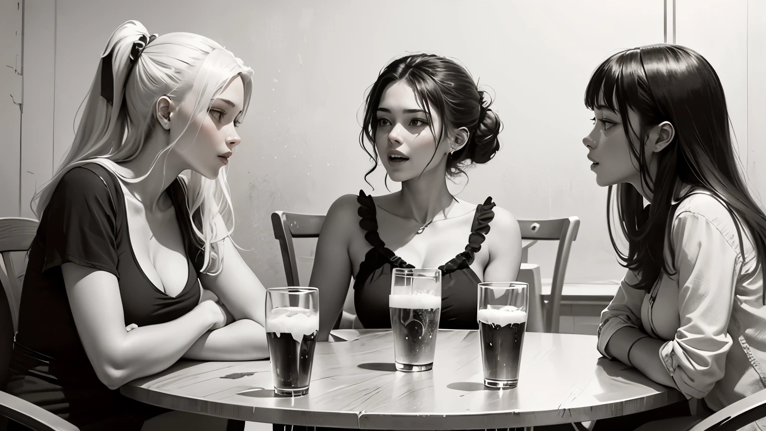 A roman female is sitting with friends around a circle table, they are drinking and talking and they are very happy. Whole body, full body, black and white drawing, gray scale, no colors, only gray scale colors, dynamic composition