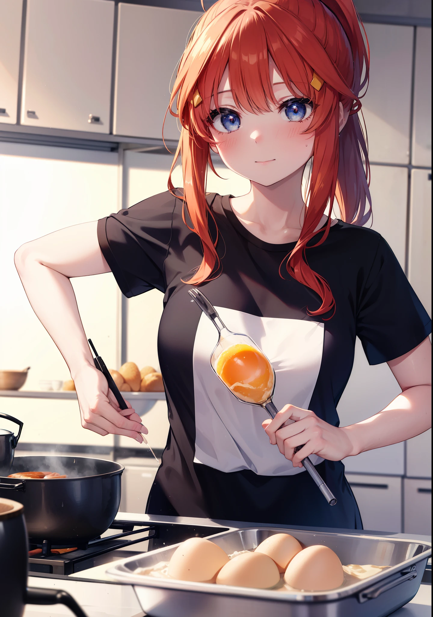 itsukinakano, Itsuki Nakano, bangs, blue eyes, hair between eyes, Ahoge, long hair,ponytail,redhead,blush,smile, T-shirt,shorts,kitchen,kitchenで卵料理を調理する,Cook eggs in a frying pan,卵焼きと焼けた食パンを皿にのせてテーブルに置いてある
break indoors, kitchen,dining,
break (masterpiece:1.2), highest quality, High resolution, unity 8k wallpaper, (figure:0.8), (detailed and beautiful eyes:1.6), highly detailed face, perfect lighting, Very detailed CG, (perfect hands, perfect anatomy),