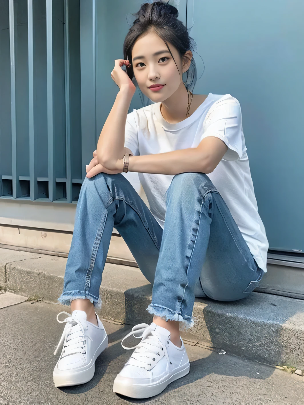 Beauty sitting on a chair、Burausu、skinny denim、sneakers