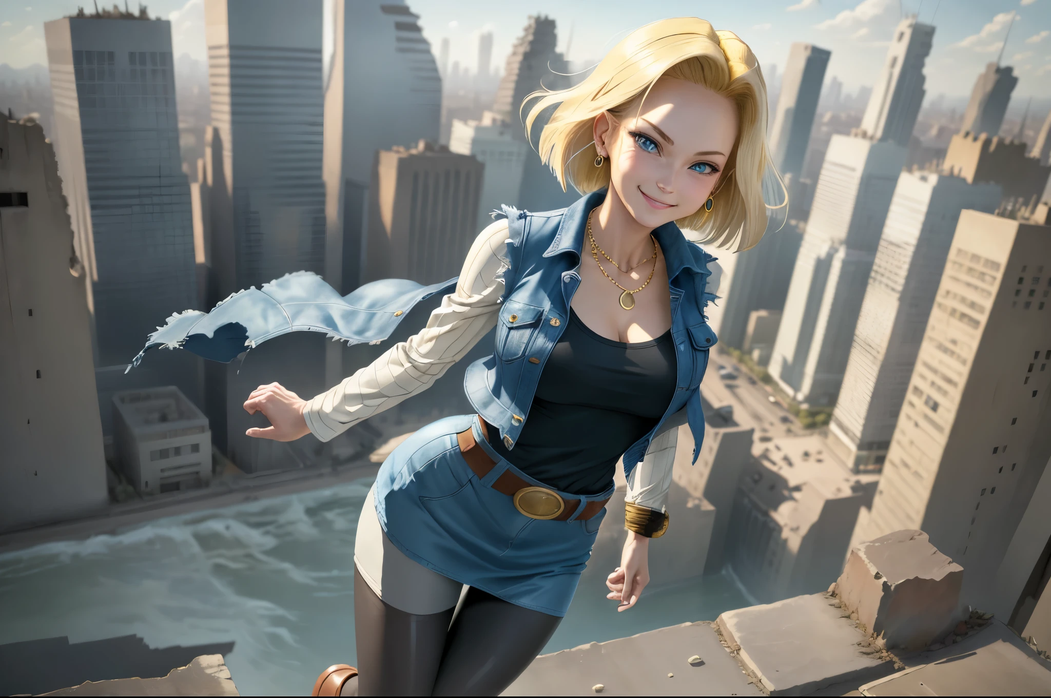 best quality, highres, and18, 1girl, android 18, solo girl, blonde hair, blue eyes, belt, boots, tight blue demin skirt, gold necklace, black shirt, short hair, long striped sleeves, earrings, open vest, denim vest, medium breasts, cowboy shot, city view, straight-on, (weather: windy), cute smile, full length pantyhose, battle ruins, flying,
