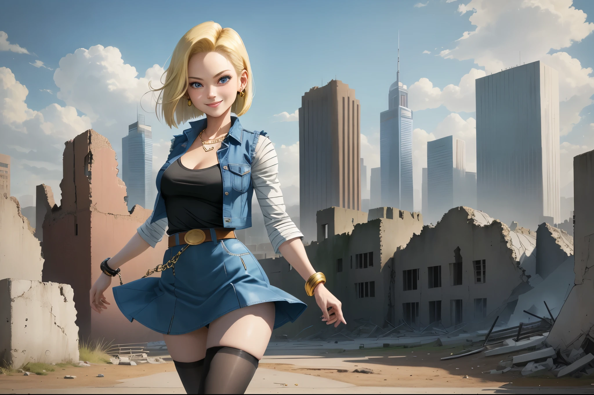 best quality, highres, and18, 1girl, android 18, solo girl, blonde hair, blue eyes, belt, boots, tight blue demin skirt, gold necklace, black shirt, short hair, long striped sleeves, earrings, open vest, denim vest, medium breasts, cowboy shot, city view, straight-on, (weather: windy), cute smile, full length pantyhose, battle ruins, flying,