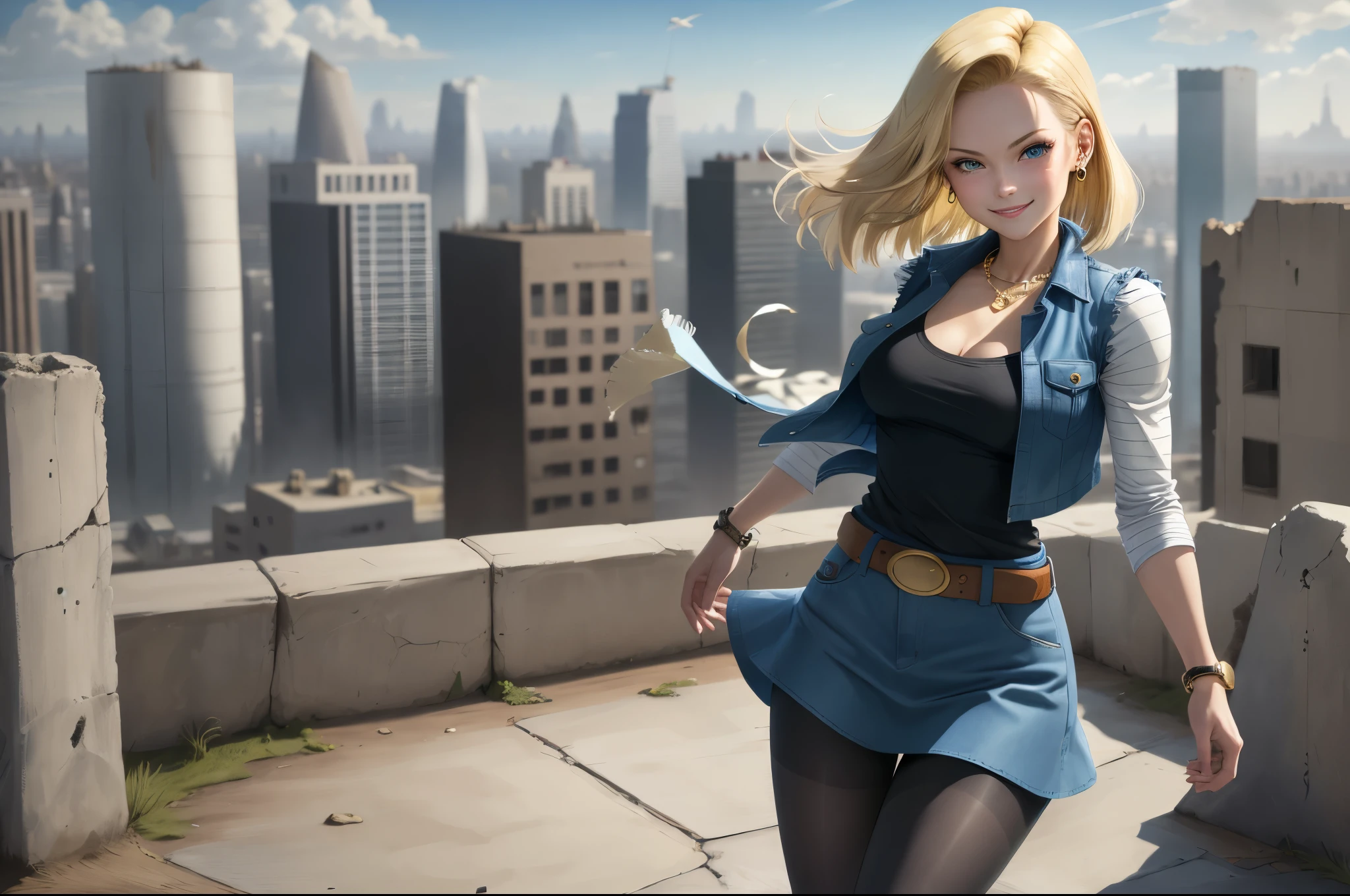 best quality, highres, and18, 1girl, android 18, solo girl, blonde hair, blue eyes, belt, boots, tight blue demin skirt, gold necklace, black shirt, short hair, long striped sleeves, earrings, open vest, denim vest, medium breasts, cowboy shot, city view, straight-on, (weather: windy), cute smile, full length pantyhose, battle ruins, flying,