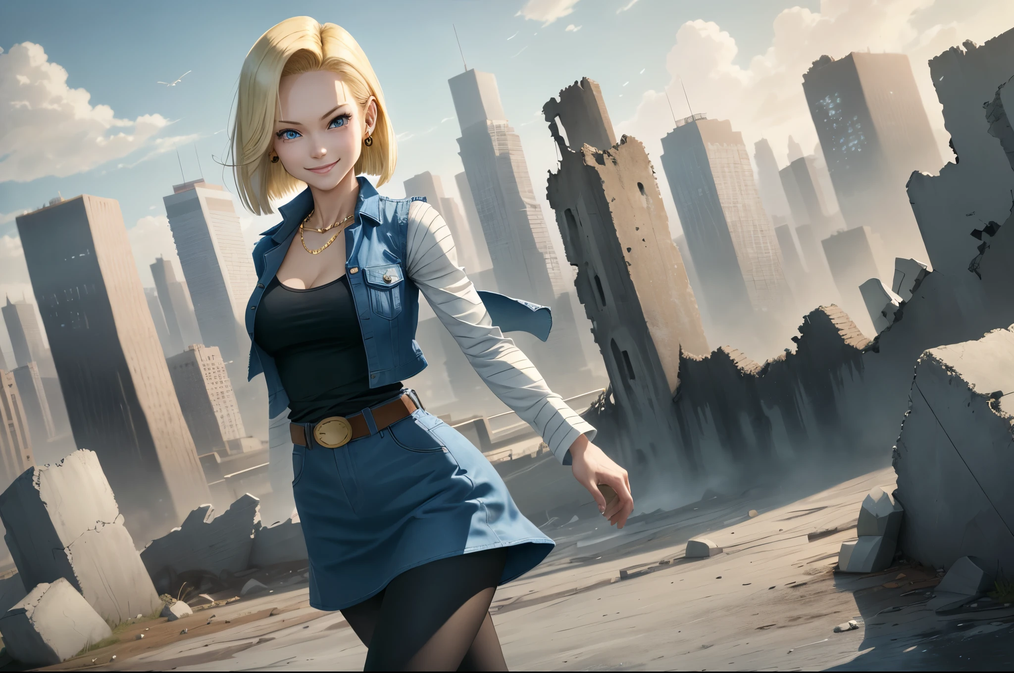 best quality, highres, and18, 1girl, android 18, solo girl, blonde hair, blue eyes, belt, boots, tight blue demin skirt, gold necklace, black shirt, short hair, long striped sleeves, earrings, open vest, denim vest, medium breasts, cowboy shot, city view, straight-on, (weather: windy), cute smile, full length pantyhose, battle ruins, flying,