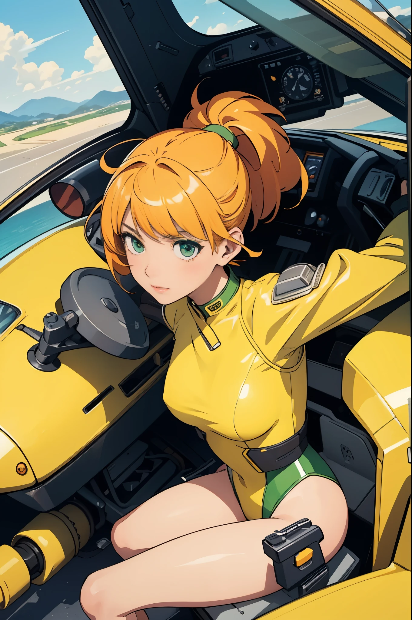 (masterpiece), (best quality), 1girl, pilot, flying helicopter, from cockpit, leotard, bare legs, gloves, light yellow-orange hair, short hair, green eyes, bangs, ponytail