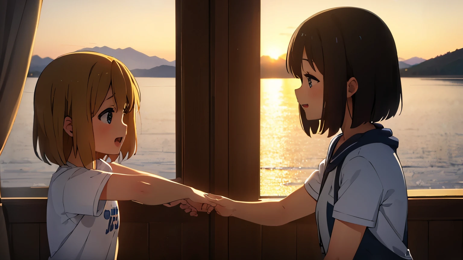 1girl, (((​masterpiece))), top-quality, top-quality, High Details, Hirasawa Yui, 1girl, two yellow hairpin, short hair, A brown-haired, brown-eyed, 独奏, school clothes, underwear, bikini, thin blue ribbon, full body, full image, rainy weather, illustratio, comic strip, soothing tones, Subdued Color, Soft cinematic light, adobe lightroom, photolab, HDR, intricately and hyper-detailed、(((depth of fields))))。(((​masterpiece)))。(((top-quality))).)((ultra-detailliert)))。(((illustratio)))。(((takeout))).dynamic focus.big breasts.(((lake))).(((A mountain scape))).(((Face of happiness))). open mouth.(((put hands on the hip))).(((up chest))).((afternoon glow)).((the setting sun)).