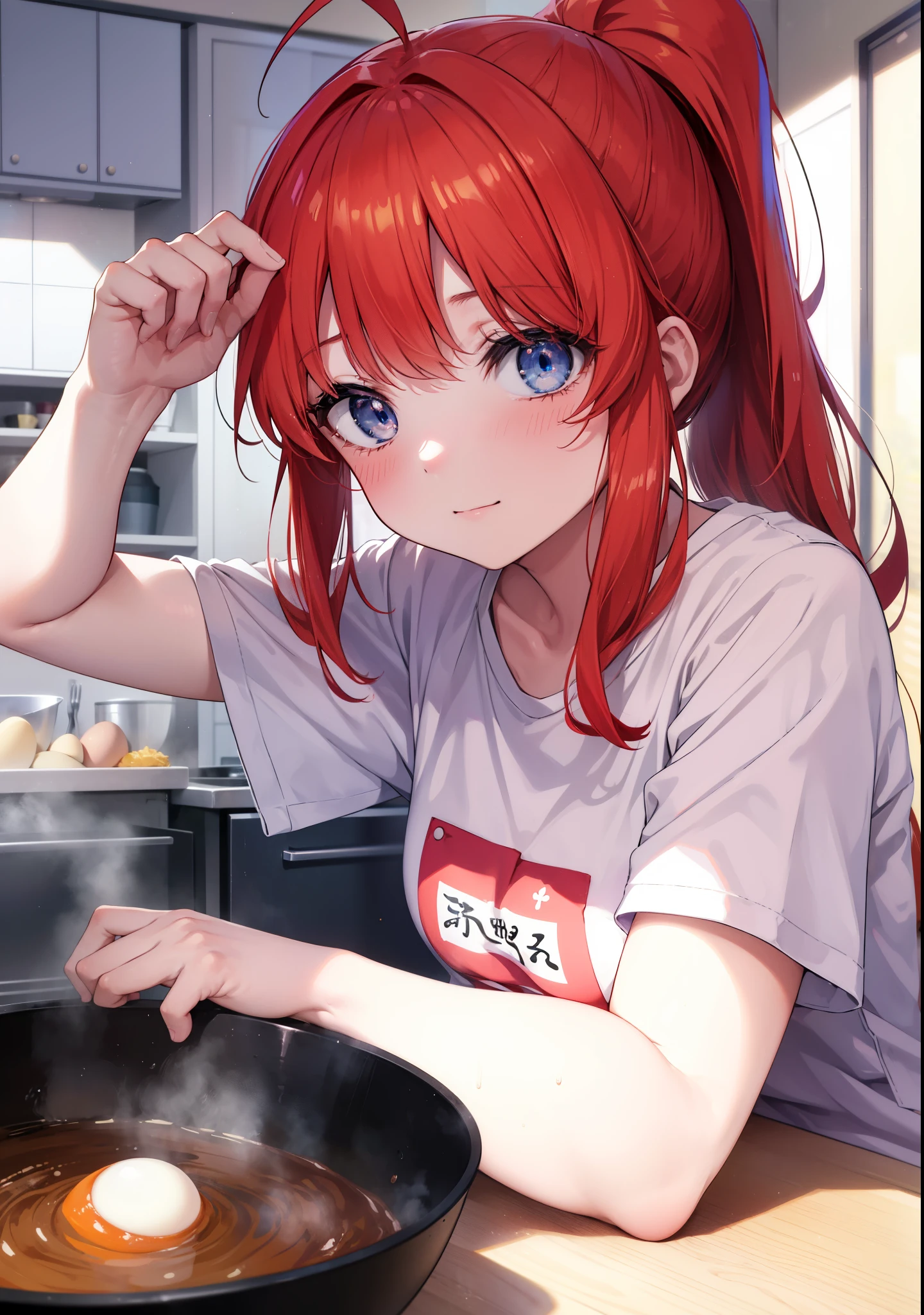 itsukinakano, Itsuki Nakano, bangs, blue eyes, hair between eyes, Ahoge, long hair,ponytail,redhead,blush,smile, T-shirt,shorts,kitchen,kitchenで卵料理を調理する,Cook eggs in a frying pan,卵焼きと焼けた食パンを皿にのせてテーブルに置いてある
break indoors, kitchen,dining,
break (masterpiece:1.2), highest quality, High resolution, unity 8k wallpaper, (figure:0.8), (detailed and beautiful eyes:1.6), highly detailed face, perfect lighting, Very detailed CG, (perfect hands, perfect anatomy),
