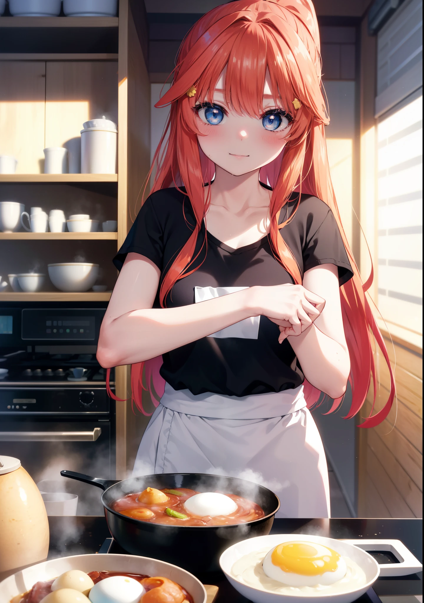 itsukinakano, Itsuki Nakano, bangs, blue eyes, hair between eyes, Ahoge, long hair,ponytail,redhead,blush,smile, T-shirt,shorts,kitchen,kitchenで卵料理を調理する,Cook eggs in a frying pan,卵焼きと焼けた食パンを皿にのせてテーブルに置いてある
break indoors, kitchen,dining,
break (masterpiece:1.2), highest quality, High resolution, unity 8k wallpaper, (figure:0.8), (detailed and beautiful eyes:1.6), highly detailed face, perfect lighting, Very detailed CG, (perfect hands, perfect anatomy),