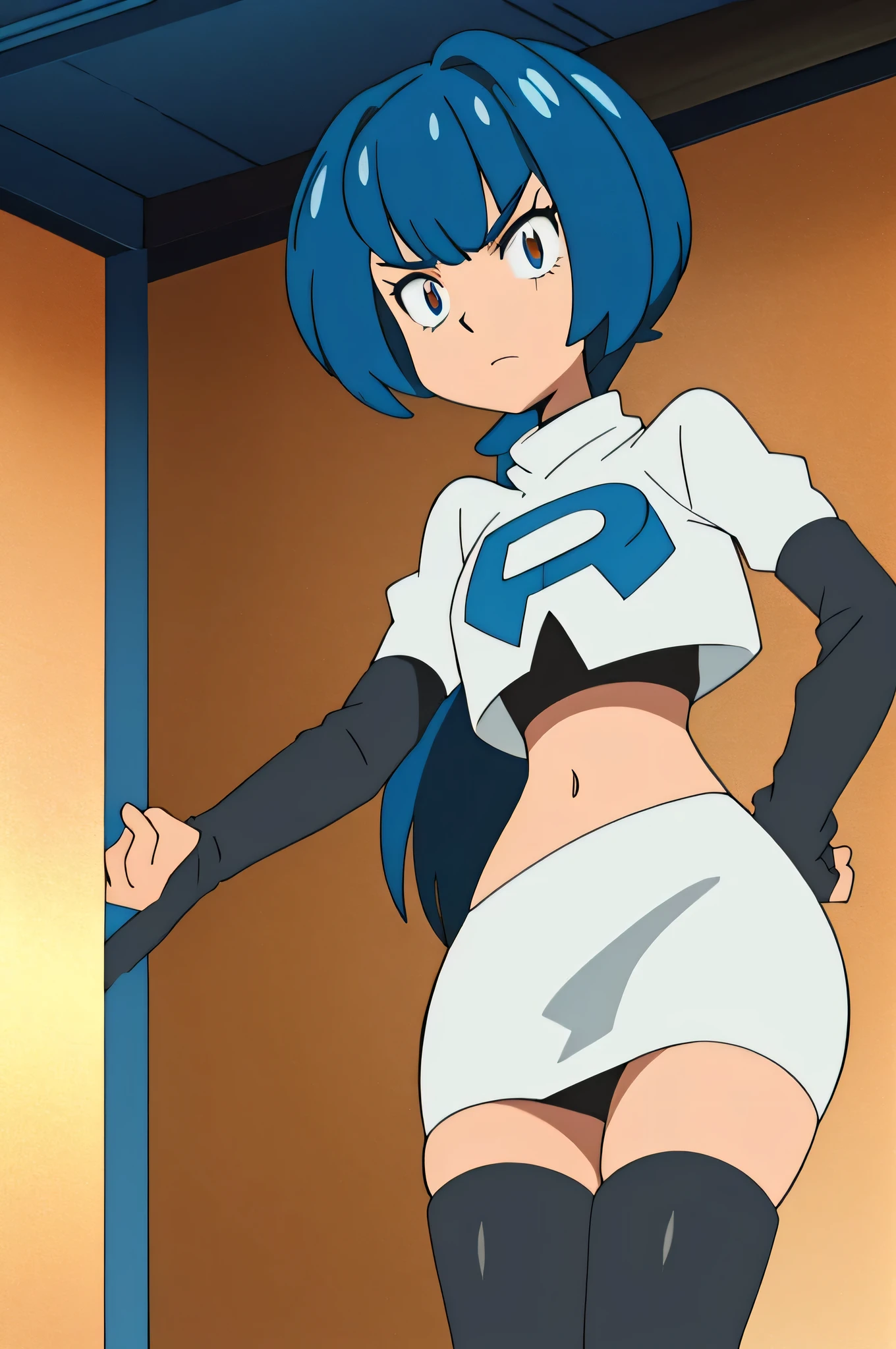 Tae Takemi,masterpiece, best quality, highres,team rocket uniform, red letter r, white skirt, white crop top, black thigh-high boots, black elbow gloves, glaring angrily, looking at viewer, hands on hips, cowboy shot, zettai ryouiki, from below , looking down on viewer