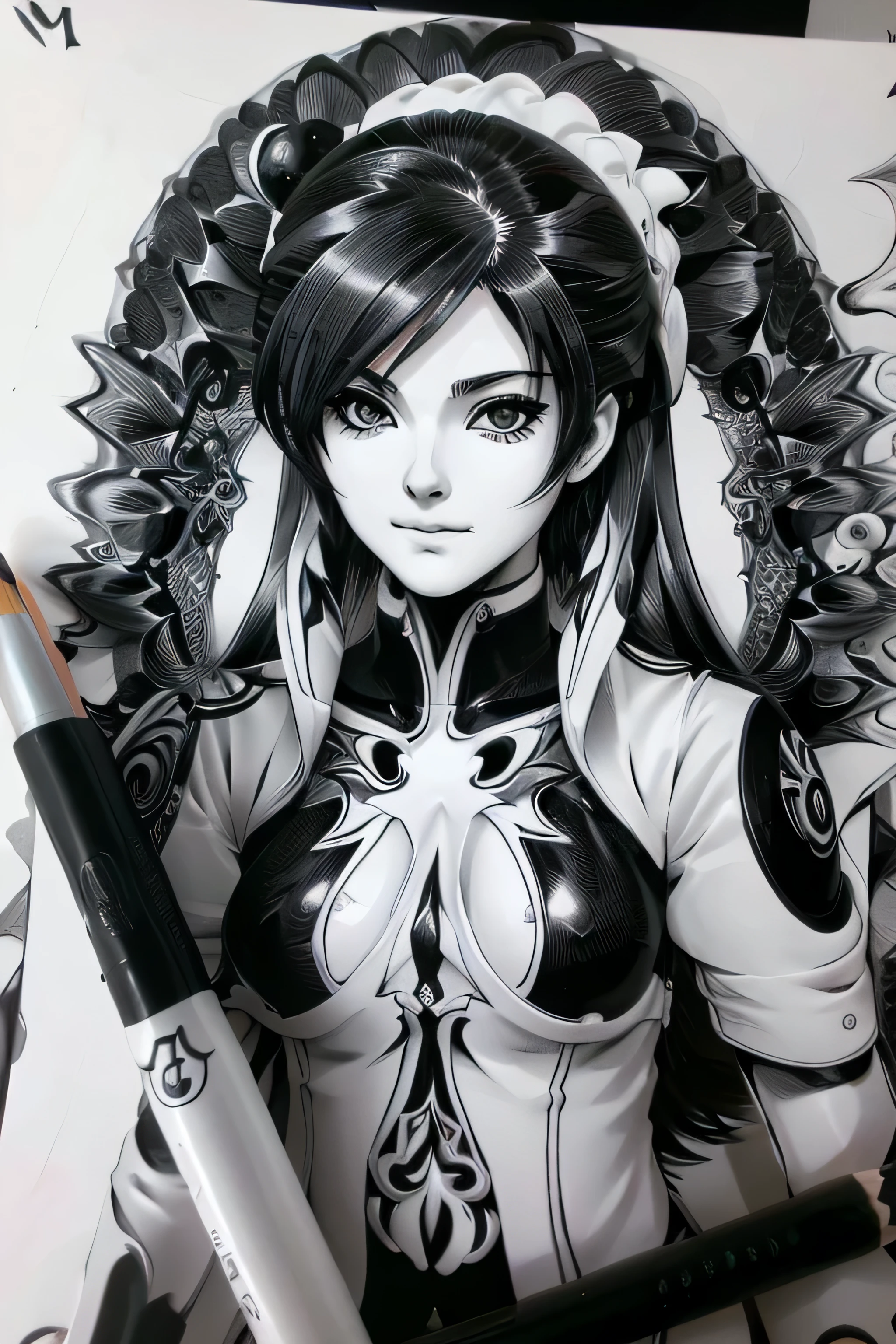 Boneco preto e branco estilizado em bela arte de linha, Inspired by manga, manga art style, pencil and ink caricature drawing, black and white color palette This black and white figure boasts a manga art style, intricately drawn with pencil and ink