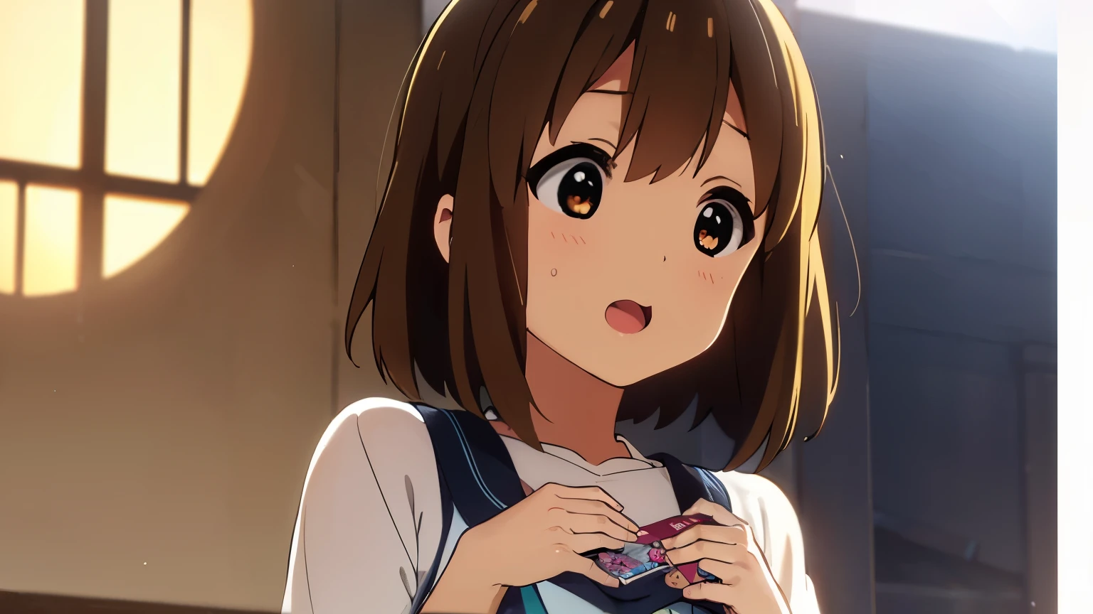 1girl, (((​masterpiece))), top-quality, top-quality, High Details, Hirasawa Yui, 1girl, two yellow hairpin, short hair, A brown-haired, brown-eyed, 独奏, school clothes, underwear, bikini, thin blue ribbon, full body, full image, rainy weather, illustratio, comic strip, soothing tones, Subdued Color, Soft cinematic light, adobe lightroom, photolab, HDR, intricately and hyper-detailed、(((depth of fields))))。(((​masterpiece)))。(((top-quality))).)((ultra-detailliert)))。(((illustratio)))。(((takeout))).dynamic focus.big breasts.(((lake))).(((A mountain scape))).(((Face of happiness))). open mouth.(((put hands on the hip))).(((up chest))).((afternoon glow)).((the setting sun)).