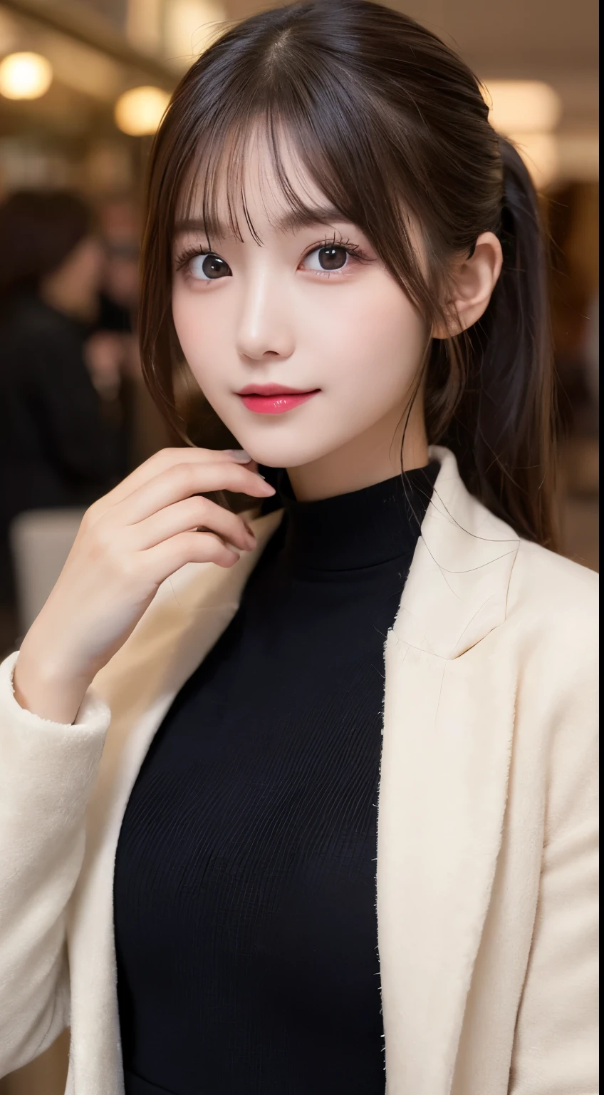 table top, highest quality, shape, Super detailed, finely, High resolution, 8k wallpaper, 完璧なダイナミックな構shape, beautiful and detailed eyes, medium hair, small breasts, natural color lip, random sexy pose,smile,20 year old girl、midnight、beautiful and detailed face、perfect and beautiful face,Big eyes、RAW photo、Expressing feminine poses with your whole body、beautiful and detailed eyes、small face、beautiful duplex、slim face and style,luxury brand mink coat(inside:black winter dress)、beautiful golden ratio face,twin ponytail hair