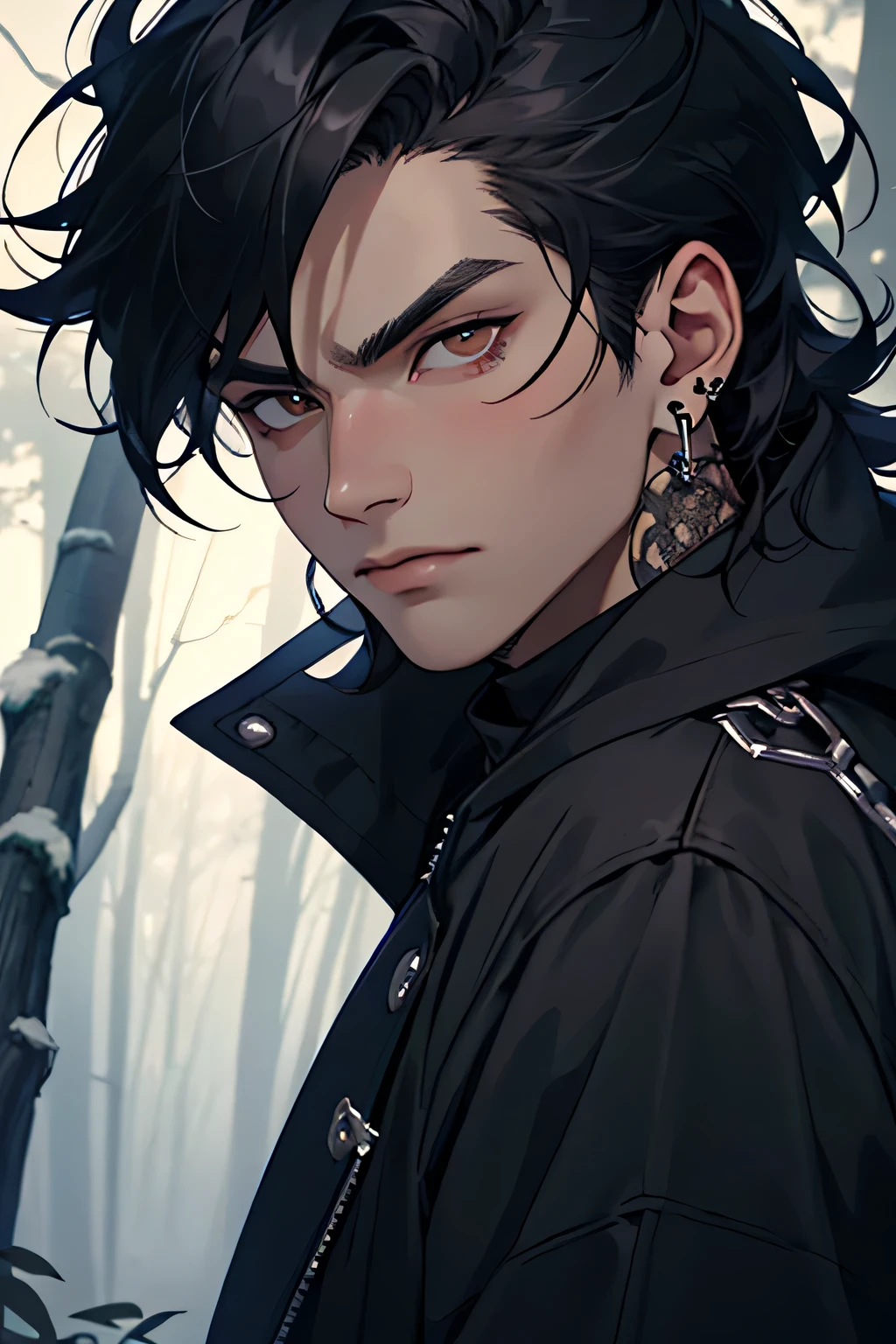 ((best quality)), ((masterpiece)), (detailed), perfect face, young man, male, black hair, Asian, brown eyes, wearing eyeliner and eye shadow, wearing black goth clothes, has multiple earrings, serious expression, background is a dark forest at night, close up