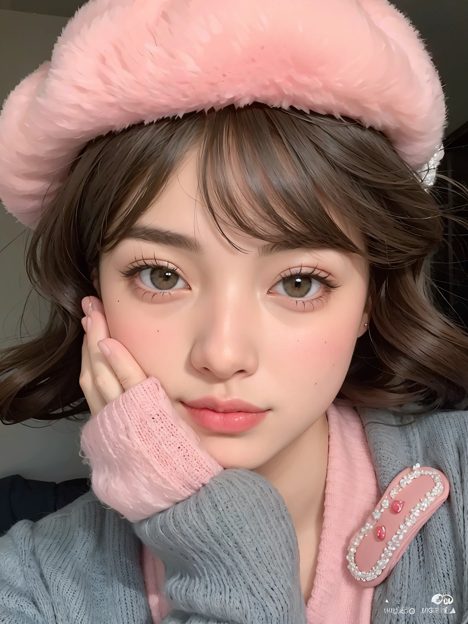 a close-up of a person wearing a pink hat and sweater, Retrato realista kawaii, maquiagem sul-coreana popular, maquiagem coreana popular, Ulzzang, maquiagem suave, rosto de anime natural fofo, young lovely korean face, beautiful aesthetic face, adorable and pale korean face, com cara fofa - linda, linda garota kawaii, Beautiful pale makeup, rosto bonito e bonito