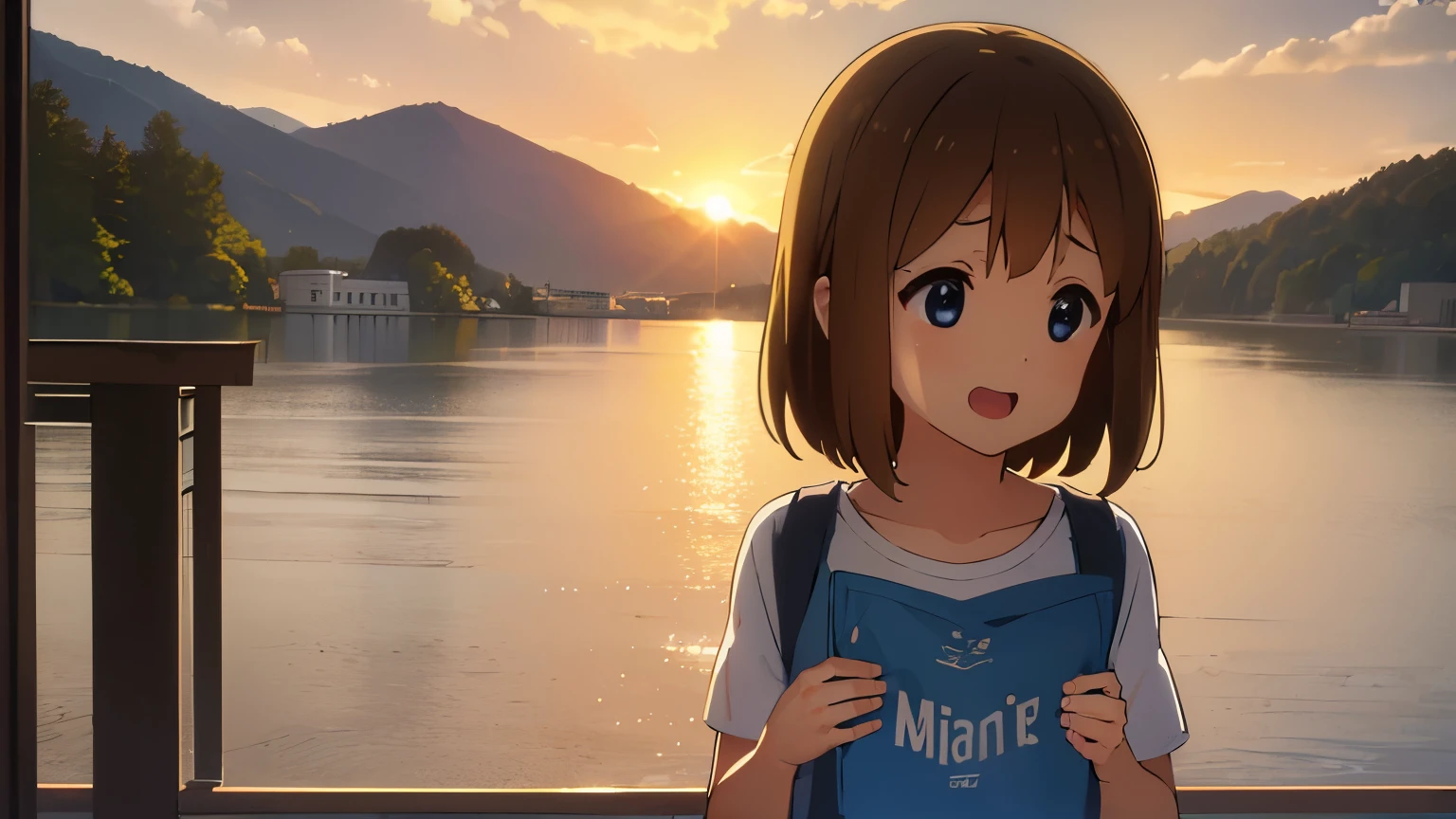 1girl, (((​masterpiece))), top-quality, top-quality, High Details, Hirasawa Yui, 1girl, two yellow hairpin, short hair, A brown-haired, brown-eyed, 独奏, school clothes, underwear, bikini, thin blue ribbon, full body, full image, rainy weather, illustratio, comic strip, soothing tones, Subdued Color, Soft cinematic light, adobe lightroom, photolab, HDR, intricately and hyper-detailed、(((depth of fields))))。(((​masterpiece)))。(((top-quality))).)((ultra-detailliert)))。(((illustratio)))。(((takeout))).dynamic focus.big breasts.(((lake))).(((A mountain scape))).(((Face of happiness))). open mouth.(((put hands on the hip))).(((up chest))).((afternoon glow)).((the setting sun)).
