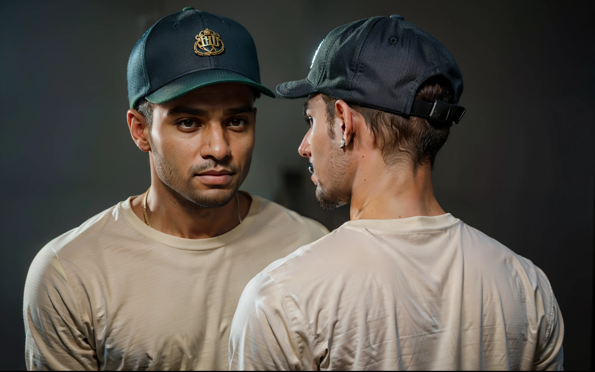 há dois homens com chapéus olhando um para o outro, Personagem 3D realista, usando boné de beisebol, com rosto muito detalhado, semi - renderização realista, com rostos totalmente detalhados, estética do homem artstation, estilo hiper realista, estilo de arte fotorrealista, usando um boné de beisebol, renderização altamente detalhada, renderização realista, rosto realista altamente detalhado, sem capuz | | sombreado realista, real photo of a gugu e michaels CHOCOLATE DARK SKIN TONE HANDSOME BLACK MAN WITH BEARD, bald with white cap, talking into a mic with a short mic stand at a podcast studio, in a very large fancy studio, wearing long sleeve to the writst green sweat shirt and white ATlanta sun visor, black jeans, very realistic, ultimate detail, 8K, face front looking straight into the camera, 8K, expensive recording studio with dark brown background, extreme detail, cinematic lighting, face front, brown eyes looking at camera.
