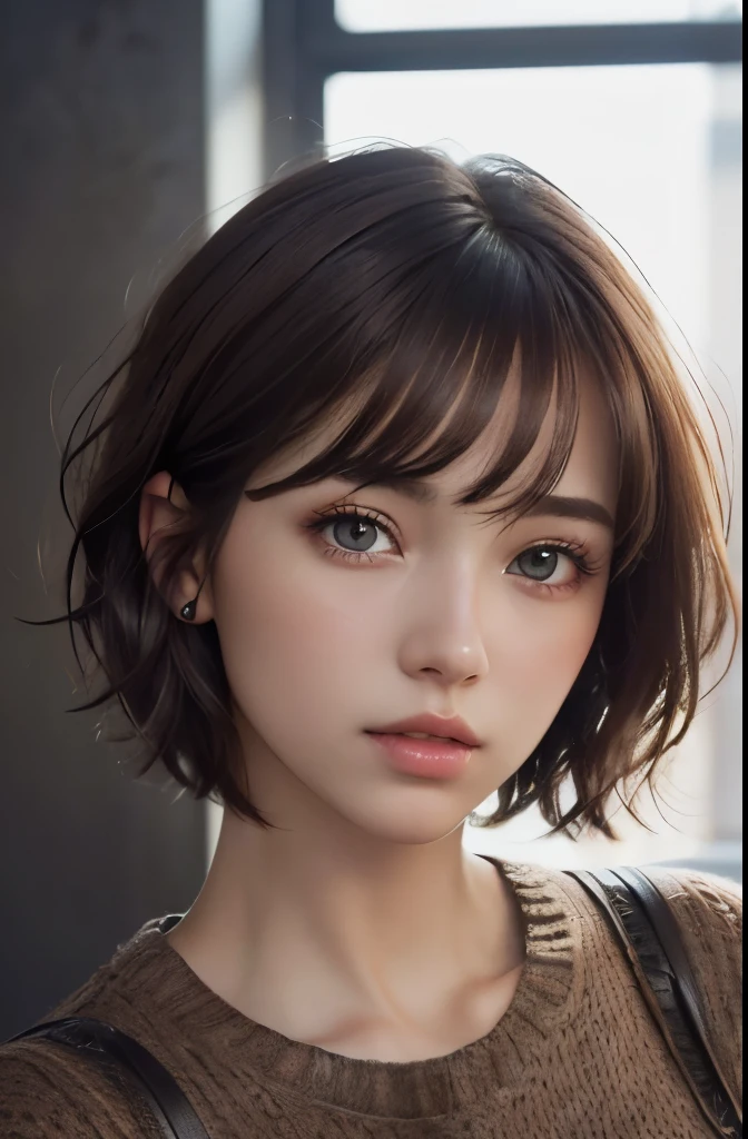 (Representative works:1.3), (8K, photorealistic, RAW photo, Highest image quality: 1.4), (1girl), beautiful face, (realistic face), (dark brown hair、short hair:1.3), beautiful hairstyle, realistic eyes, beautiful detailed eyes, (realistic skin), beautiful skin, (sweater), disorganized, Charm, ultra high resolution, Super realistic, High definition, golden ratio