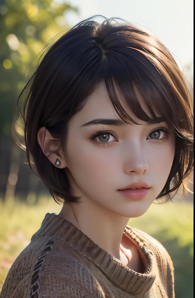 (Representative works:1.3), (8K, photorealistic, RAW photo, Highest image quality: 1.4), (1girl), beautiful face, (realistic face), (dark brown hair、short hair:1.3), beautiful hairstyle, realistic eyes, beautiful detailed eyes, (realistic skin), beautiful skin, (sweater), disorganized, Charm, ultra high resolution, Super realistic, High definition, golden ratio
