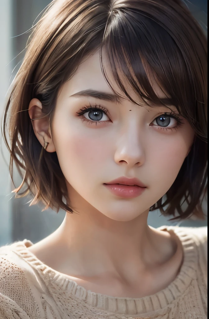 (Representative works:1.3), (8K, photorealistic, RAW photo, Highest image quality: 1.4), (1girl), beautiful face, (realistic face), (dark brown hair、short hair:1.3), beautiful hairstyle, realistic eyes, beautiful detailed eyes, (realistic skin), beautiful skin, (sweater), disorganized, Charm, ultra high resolution, Super realistic, High definition, golden ratio