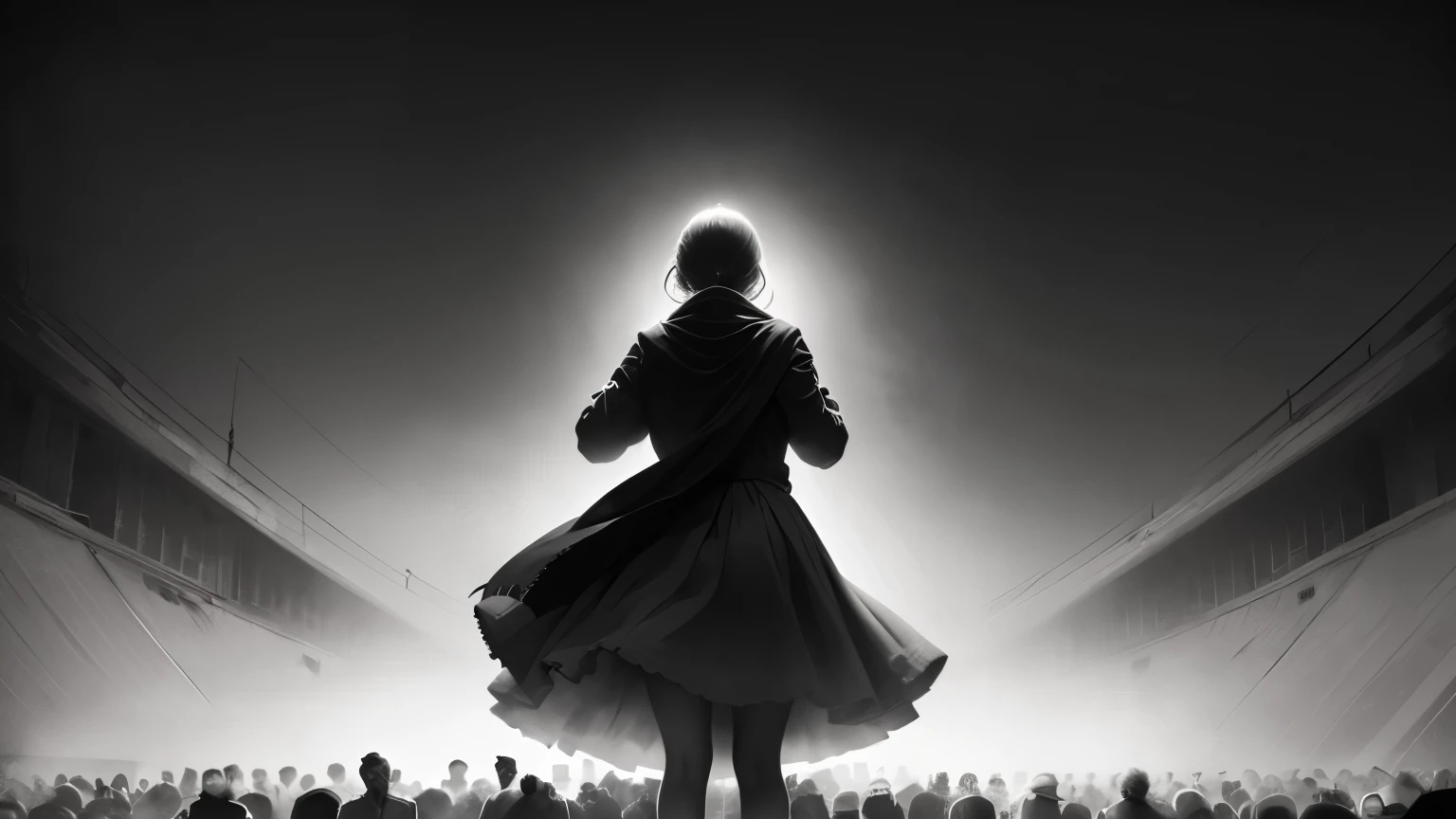 A roman female praying among the crowd, she is looking at the sky. Whole body, full body, black and white drawing, gray scale, no colors, only gray scale colors, dynamic composition