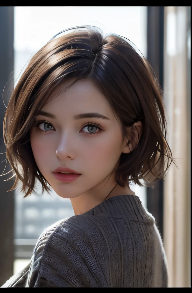 (Representative works:1.3), (8K, photorealistic, RAW photo, Highest image quality: 1.4), (1girl), beautiful face, (realistic face), (dark brown hair、short hair:1.3), beautiful hairstyle, realistic eyes, beautiful detailed eyes, (realistic skin), beautiful skin, (sweater), disorganized, Charm, ultra high resolution, Super realistic, High definition, golden ratio