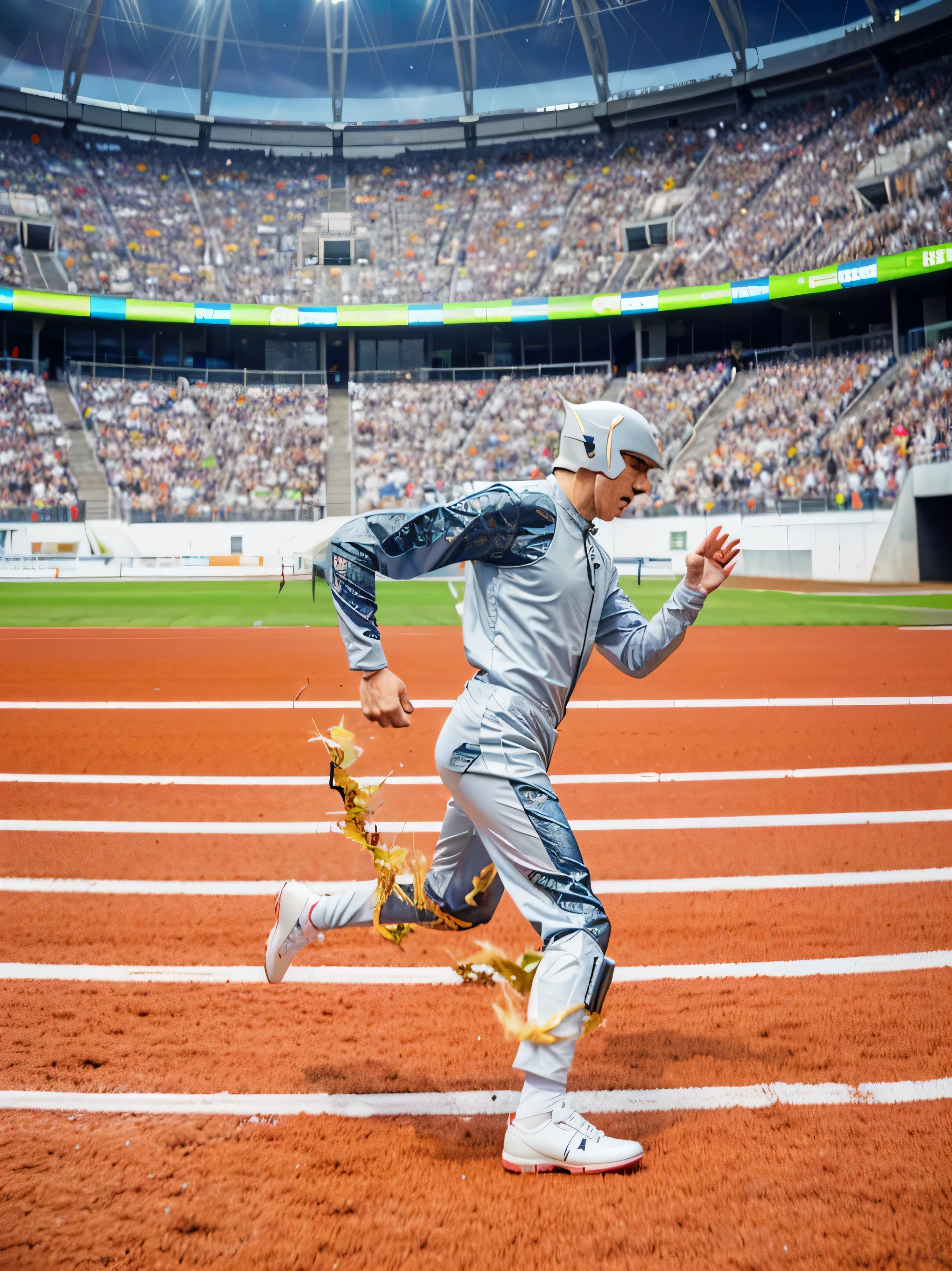 race track, the flash running on a race track, speed, lightning coming out of his feet.
