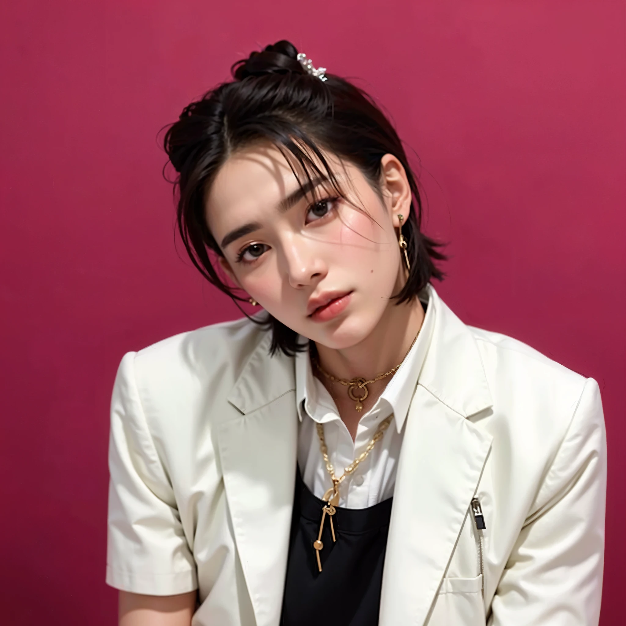 un primer plano de una persona que llevaba una chaqueta blanca y un top negro, delicate androgynous prince, cai xukun, beautiful androgynous prince, Jung Jaehyun, kim doyoung, handsome japanese demon boy, jinyoung shin, androgynous person, hyung tae, androgynous man, androginia, hsiao-ron, androgynous face