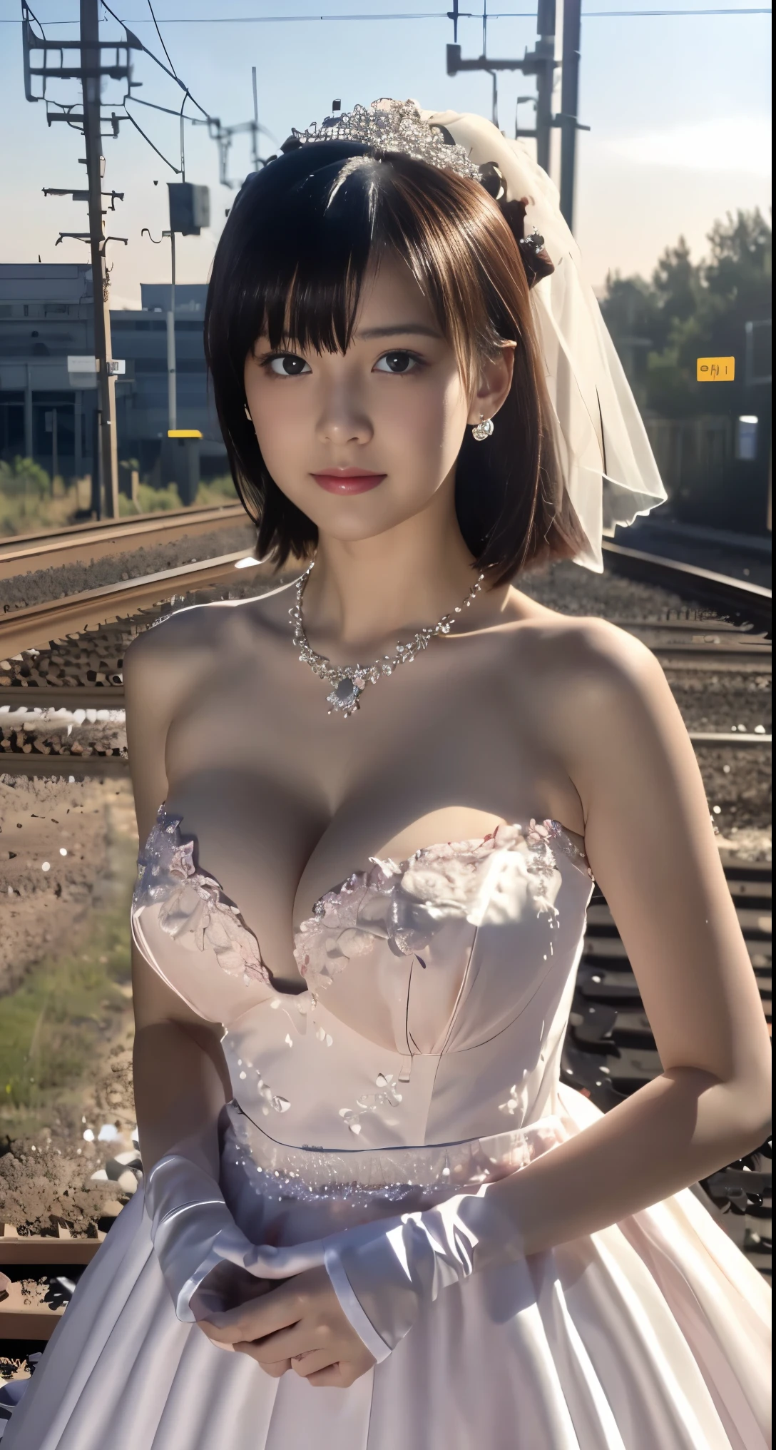 (((Pixel perfect, Perfect details))), alone, 1 girl, yuigahama yui, Close-up of beautiful bride wearing beautiful wedding dress,Gurwitz, looking at viewer,(bridal veil:1.5),(transparent short veil:1.5),makeup,pink blush,dark blue eye shadow,Blushing face,double-headed flower,headgear,(bouquet:1.2),(tube top wedding dress:1.5),(silk dress:1.2),(strapless wedding dress:1.5),pure white dress,necklace,earrings,(large breasts:1.3),Bangs,pink lipstick,(White long elbow gloves:1.4),whole body照,High-detail RAW color art,White long skirt,whole body,(standing on the railroad tracks:1.3),1girl,18 years old, black hair