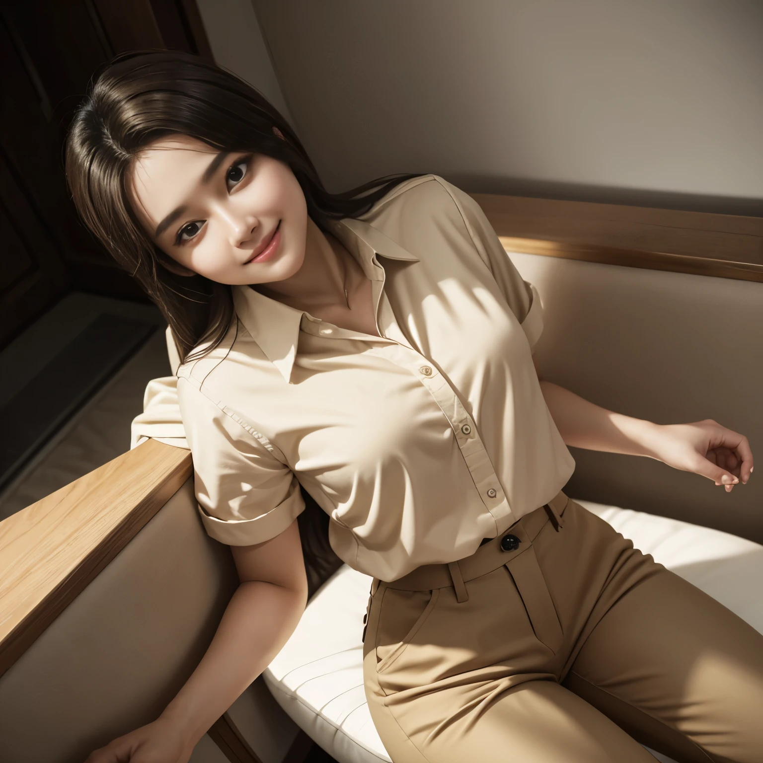 highest quality, masterpiece, (realistic:1.4), 1 girl, light smile, collared shirt, Beige pants, dramatic lighting, From above