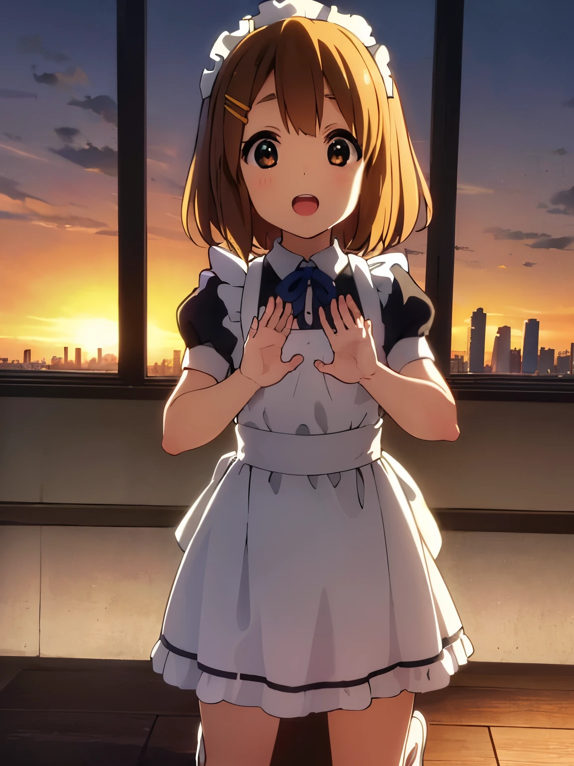 1girl, (((​masterpiece))), top-quality, top-quality, High Details, Hirasawa Yui, 1girl, two yellow hairpin, short hair, A brown-haired, brown-eyed, 独奏, maid cafe clothes, bikini, maid cafe uniform, full body, full image, rainy weather, illustratio, comic strip, soothing tones, Subdued Color, Soft cinematic light, adobe lightroom, photolab, HDR, intricately and hyper-detailed、(((depth of fields))))。(((​masterpiece)))。(((top-quality))).)((ultra-detailliert)))。(((illustratio)))。(((takeout))).dynamic focus.big breasts.(((Skyscrapers))).(((A city scape))).(((Face of happiness))). open mouth.(((put hands on the hip))).(((up chest))).((afternoon glow)).((the setting sun)).