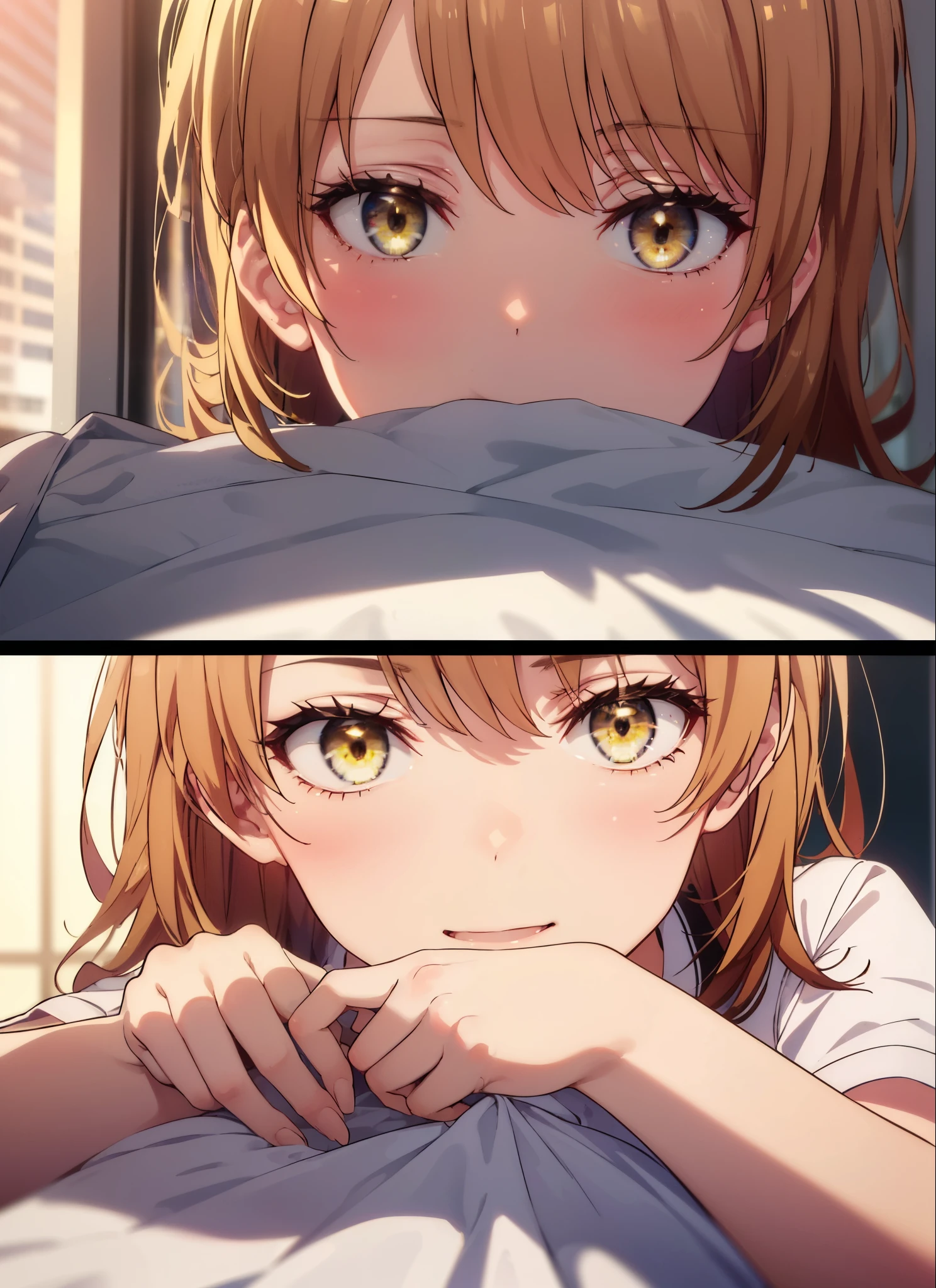 irohaisshiki, Isshiki Iroha, long hair, brown hair, (brown eyes:1.5), smile,A girl sleeping with her eyes closed,sleep,white t-shirt,black underwear,barefoot,smile,Bedroom,light goes out, Covered with a blanket, windows,Romantic Sunrise,extreme light,whole body,(huge laugh:1.1)、(open your mouth:1.1)、(wide open eyes:1.2)、glare of the sun,
destroy indoors, Bedroom
壊す (masterpiece:1.2), highest quality, High resolution, unity 8k wallpaper, (shape:0.8), (beautiful and detailed eyes:1.6), highly detailed face, perfect lighting, Very detailed CG, (perfect hands, perfect anatomy),