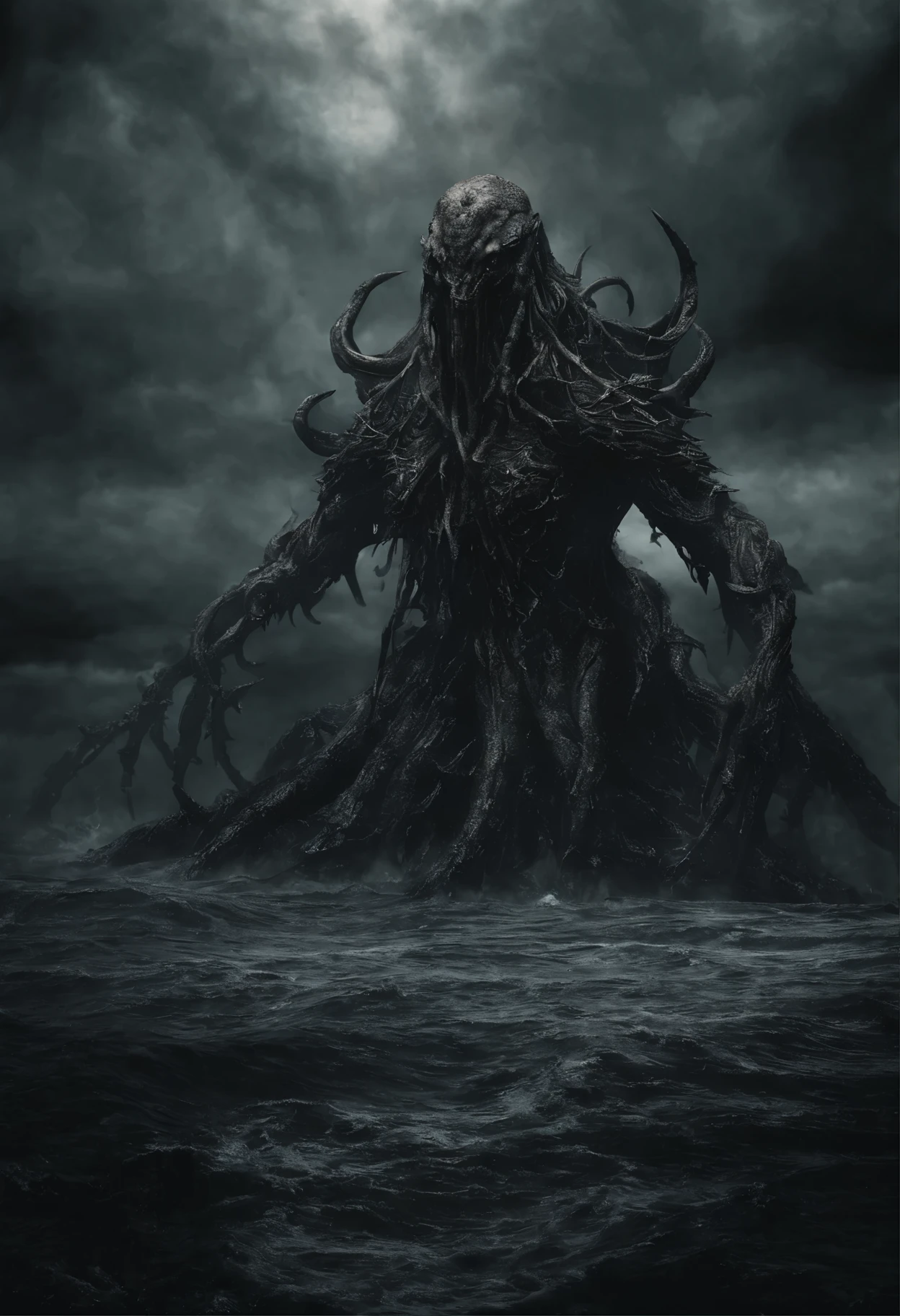 (masterpiece, RAW photo, best quality, 8k), HD photo, hasselbad, cinematic, portrait, closeup, headshot, cthulhu, emerging from ocean, staring at viewer, powerful body, intricate details:1.5, wings, tentacles ,monstrous , abomination, elder god, demon, storm, rain, mountains in background, lightning,