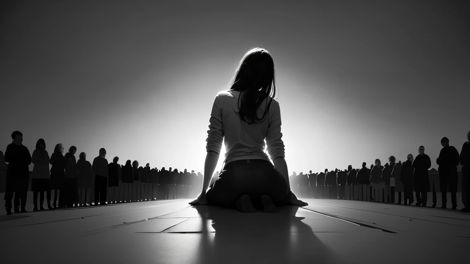 A roman female praying among the crowd, she is on her knee, she is looking at the sky, she is looking at the camera. Whole body, full body, black and white drawing, gray scale, no colors, only gray scale colors, dynamic composition