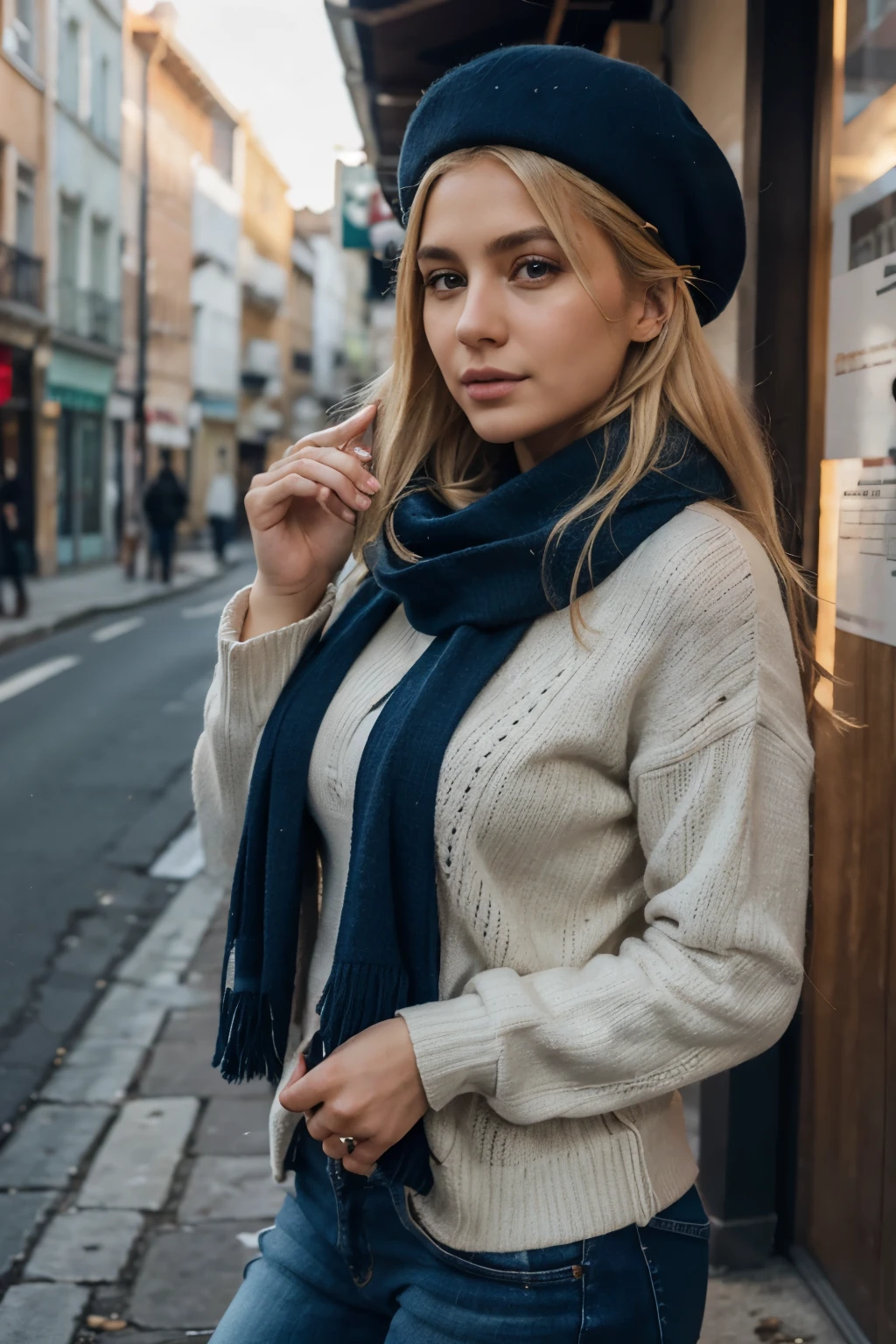 Blonde haired, Turkish, realistic and natural woman. full breasted. with well-groomed hands and long nails. He was cold, he had a beret on his head, a scarf around his neck, he was wearing a thick woolen sweater and blue jeans underneath.