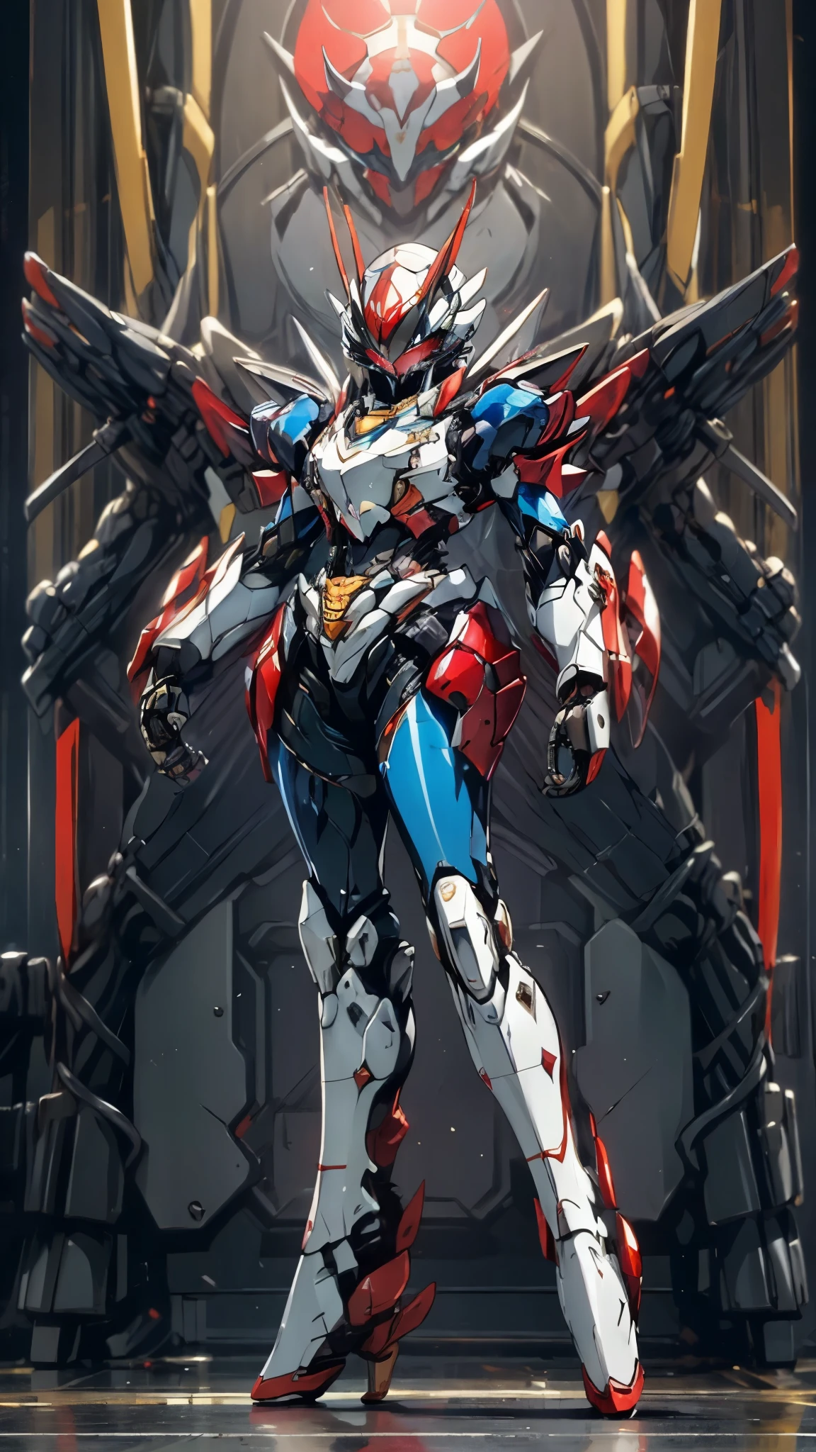 A woman adorned in fantasy-style full-body armor, a crown-concept fully enclosed helmet that unveils only her eyes, a composite layered chest plate, fully encompassing shoulder and hand guards, a lightweight waist armor, form-fitting shin guards, the overall design is heavy-duty yet flexible, (the armor gleams with a golden glow, complemented by red and blue accents), exhibiting a noble aura, she floats above a fantasy-surreal high-tech city, this character embodies a finely crafted fantasy-surreal style armored hero in anime style, exquisite and mature manga art style, (Queen bee and spider mixture concept Armor, plasma, blood), ((Element, bio mecha, long legs, elegant, goddess, femminine:1.5)), metallic, high definition, best quality, highres, ultra-detailed, ultra-fine painting, extremely delicate, professional, anatomically correct, symmetrical face, extremely detailed eyes and face, high quality eyes, creativity, RAW photo, UHD, 32k, Natural light, cinematic lighting, masterpiece-anatomy-perfect, masterpiece:1.5