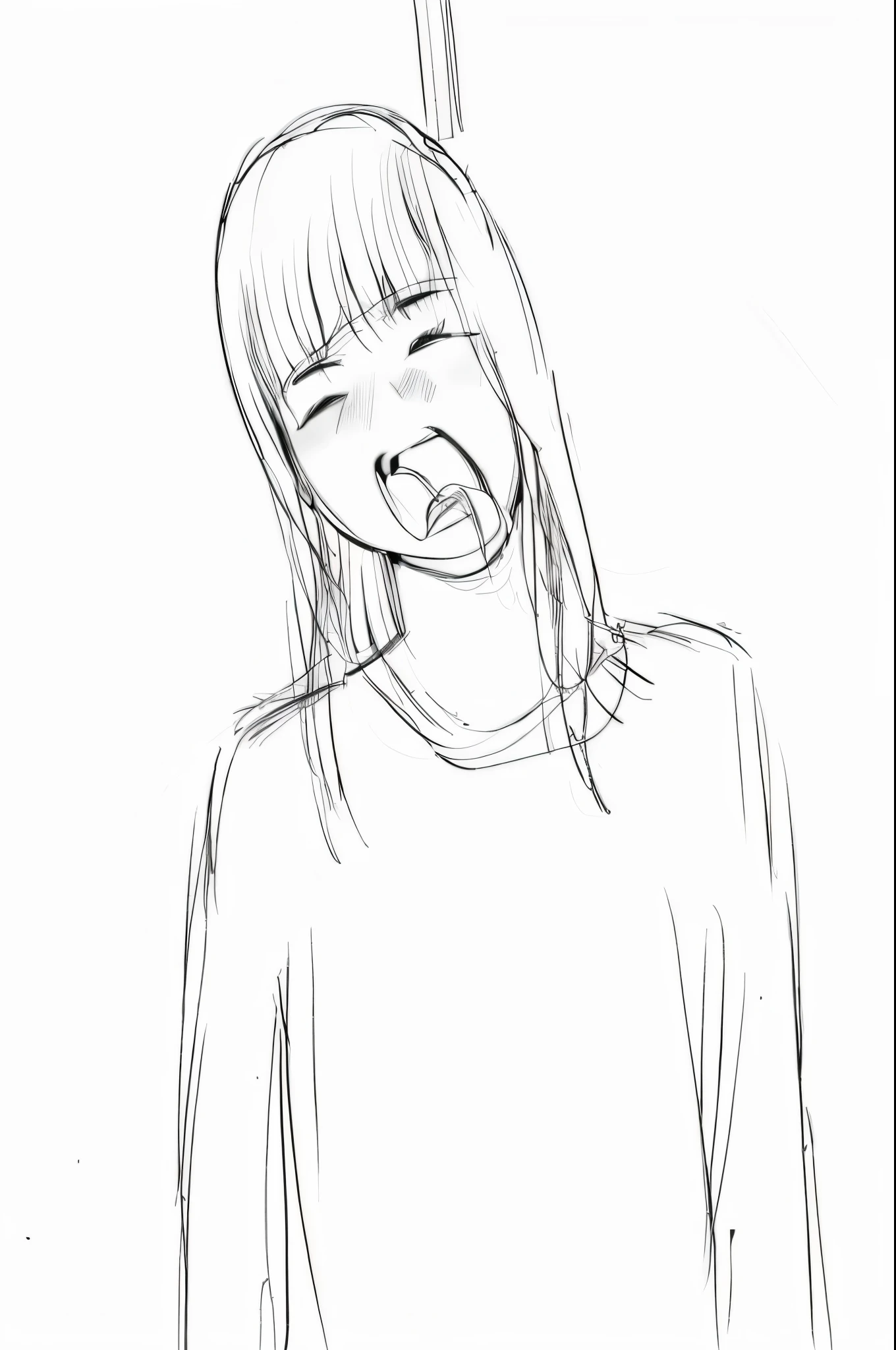 A picture of a woman holding a toothbrush in her mouth, line sketch!!, line sketch, ;open your mouth, thick outline, outline sketch, inspired by Miwa Komatsu, beautiful anime outline, with mouth open, distorted pose, digital sketch, bored look, thick outline, thick line drawing, sketchy art style, Detailed but general