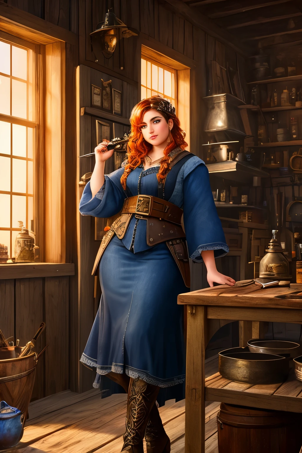 Title: "Midnight Enchantment: A Dwarven Blacksmith's Tale"
A captivating painting in hyperrealistic 3D style reveals a beautiful woman dressed in a denim miniskirt. her alluring figure is intoxicated by the magic of a nighttime elixir, her eyes sparkling with an ethereal glow that reflects the enchanting hues of orange and white sparks that dance through the air.
The scene unfolds in an old, soot-stained forge, where the mesmerizing ambiance is illuminated by the dim light filtering in from the grime-covered windows. The heart of the workshop is an an