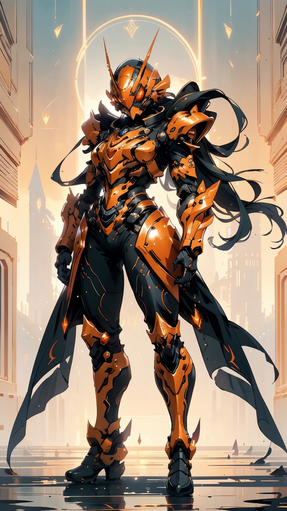 A woman adorned in fantasy-style full-body armor, a crown-concept fully enclosed helmet that unveils only her eyes, a composite layered chest plate, fully encompassing shoulder and hand guards, a lightweight waist armor, form-fitting shin guards, the overall design is heavy-duty yet flexible, (the armor gleams with a golden glow, complemented by red and blue accents), exhibiting a noble aura, she floats above a fantasy-surreal high-tech city, this character embodies a finely crafted fantasy-surreal style armored hero in anime style, exquisite and mature manga art style, (mixture of Queen bee and Spider concept Armor, plasma), ((Element, elegant, goddess, femminine:1.5)), metallic, high definition, best quality, highres, ultra-detailed, ultra-fine painting, extremely delicate, professional, anatomically correct, symmetrical face, extremely detailed eyes and face, high quality eyes, creativity, RAW photo, UHD, 32k, Natural light, cinematic lighting, masterpiece-anatomy-perfect, masterpiece:1.5
